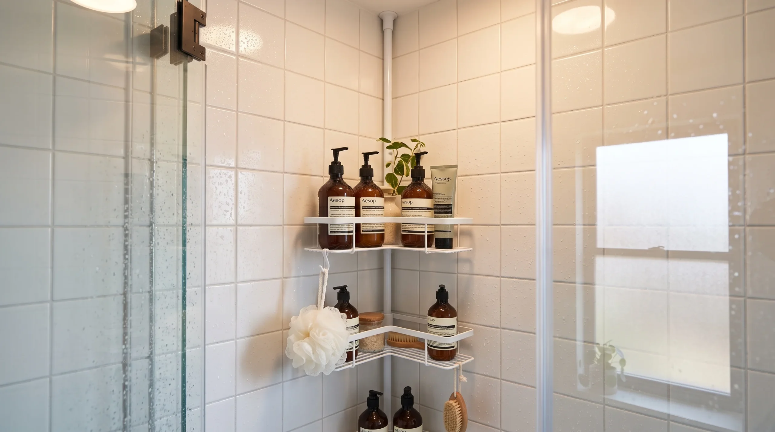 A tension-mounted corner shower caddy with multiple shelves holding shampoo bottles and a loofah, water droplets visible on the tile, warm bathroom light, close angled shot emphasizing the caddy's tight corner fit.