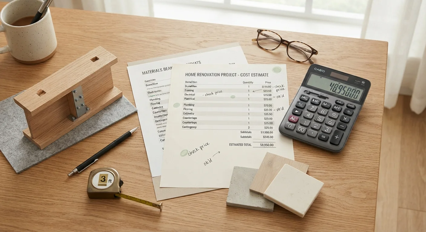 Flat lay of renovation cost estimate documents, a calculator, and a small model beam sample resting on a wooden table, soft natural light, neutral tones, practical financial planning photography composition.
