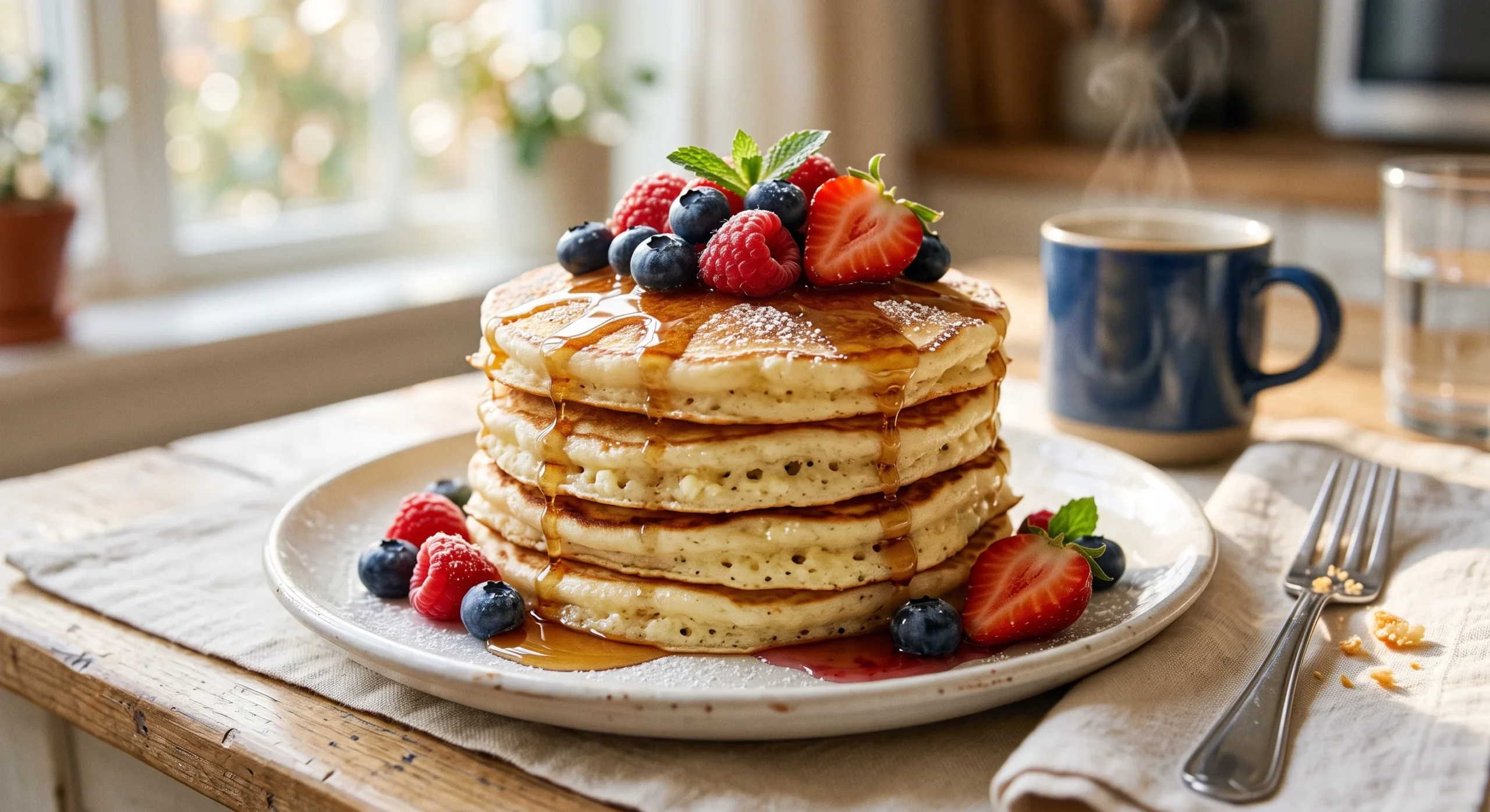 A stack of fluffy pancakes topped with fresh berries, made with cottage cheese blended into the batter, warm morning light, close appetizing composition on a simple white plate.