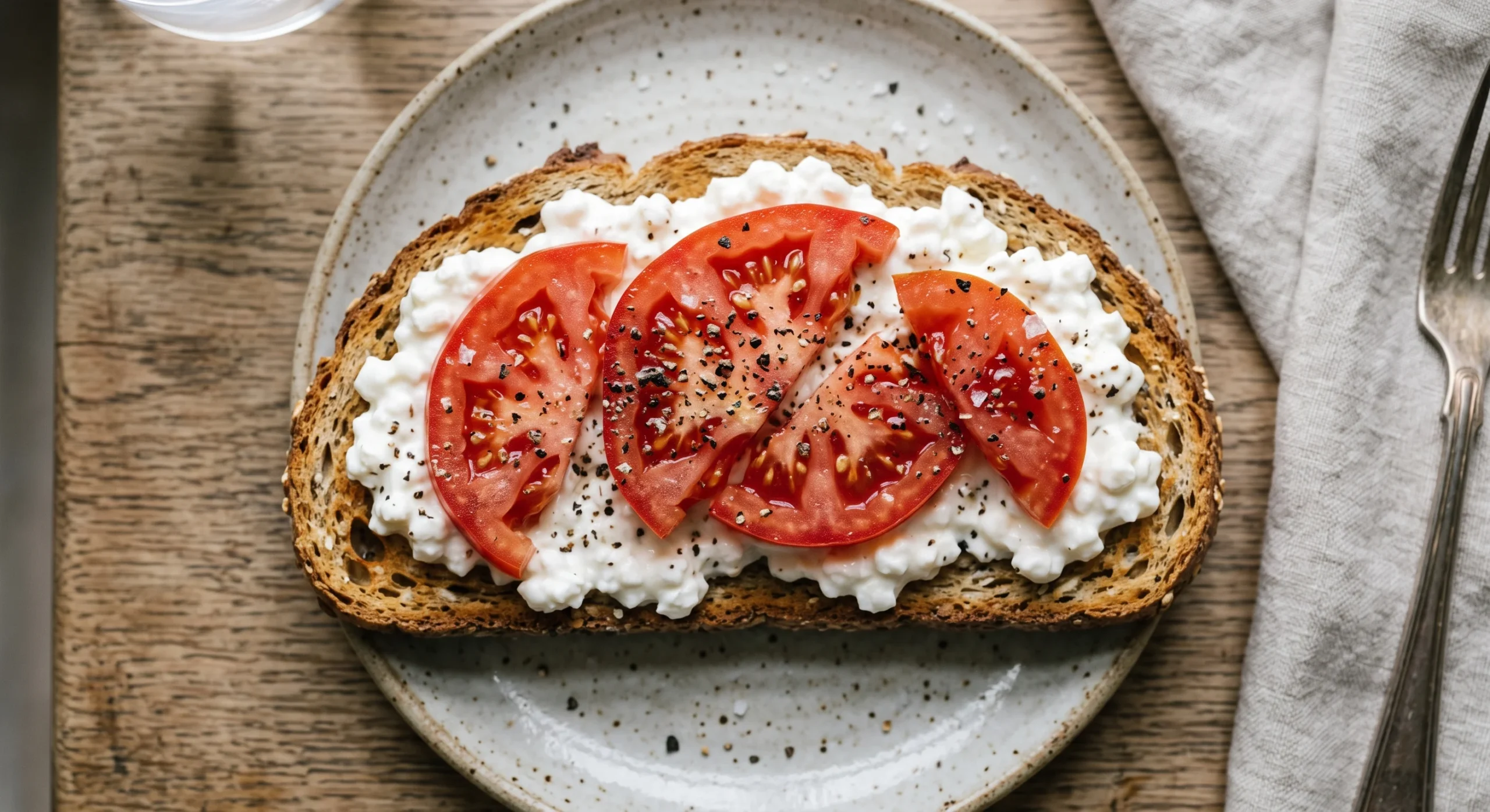 A slice of whole grain toast spread thickly with cottage cheese and topped with sliced tomato and cracked pepper, soft natural light, close overhead composition emphasizing texture and simplicity.