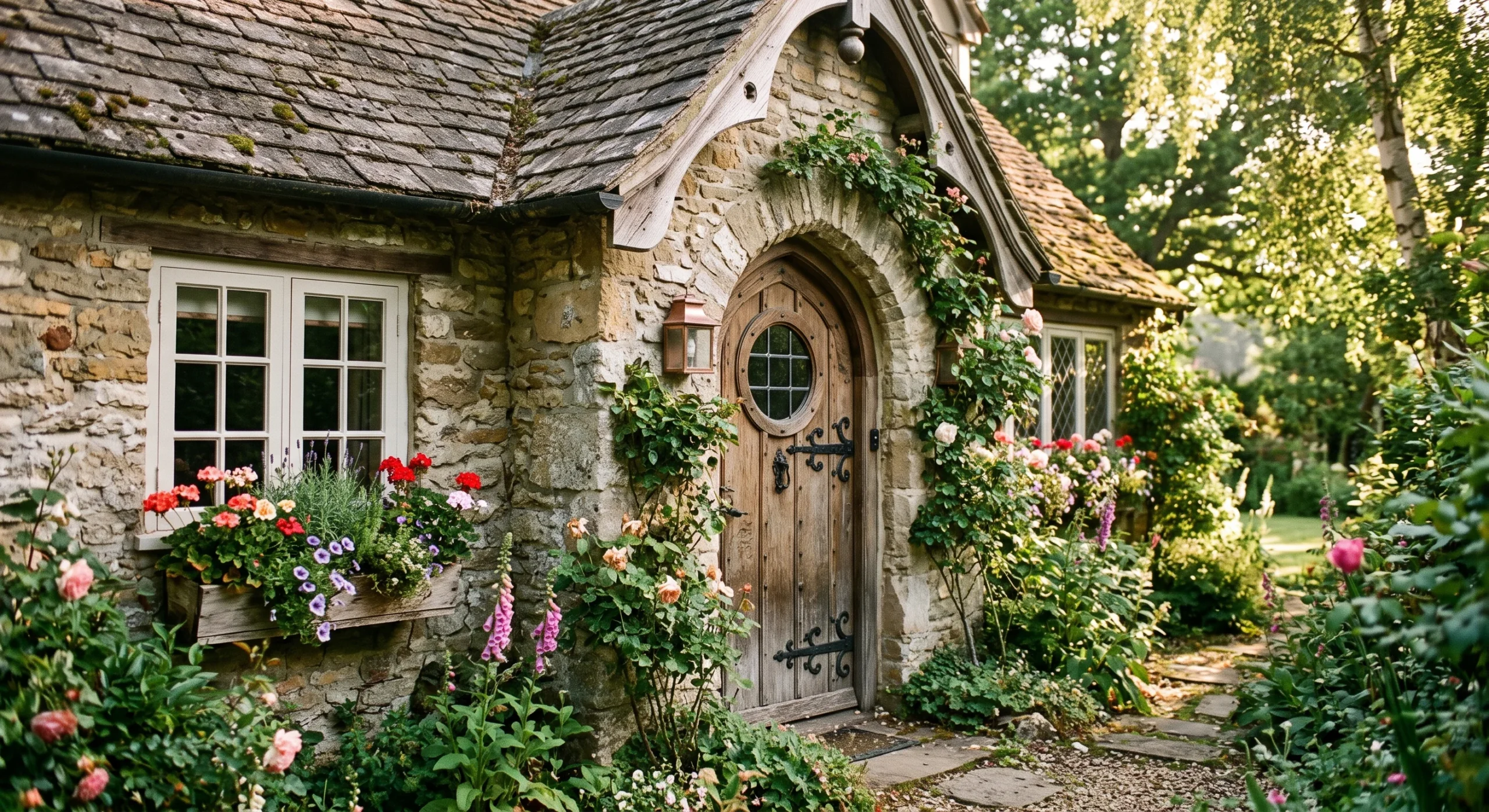 A small storybook Cottage with a steeply pitched roof, an arched wooden front door, small multi-pane windows with flower boxes, natural stone facade, soft morning light, close angled shot emphasizing the arched door and stone texture.