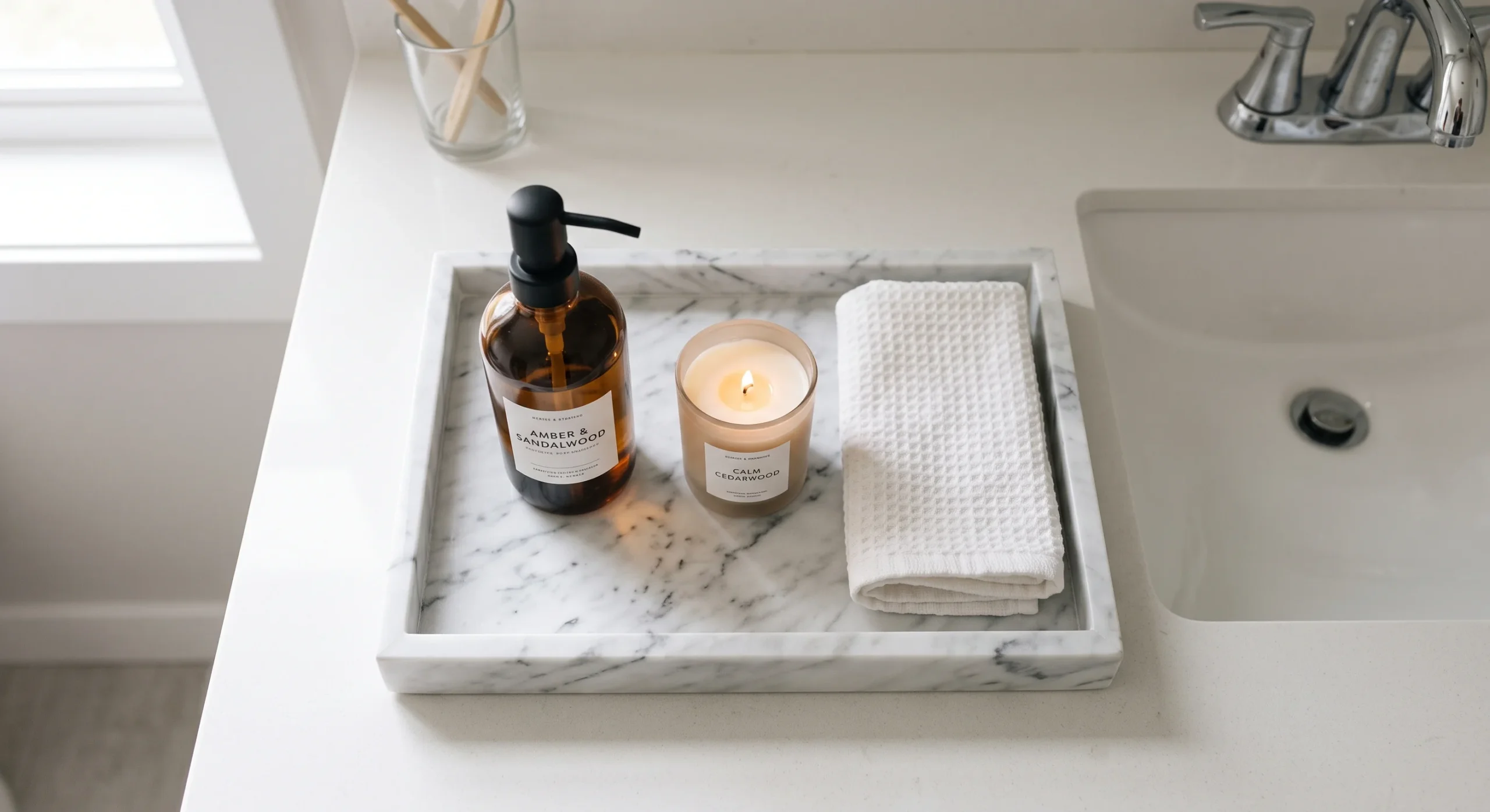 A shallow marble tray on a bathroom countertop holding a soap dispenser, a small candle, and a folded hand towel, soft natural light, close overhead shot emphasizing the tray's containment of loose counter items.