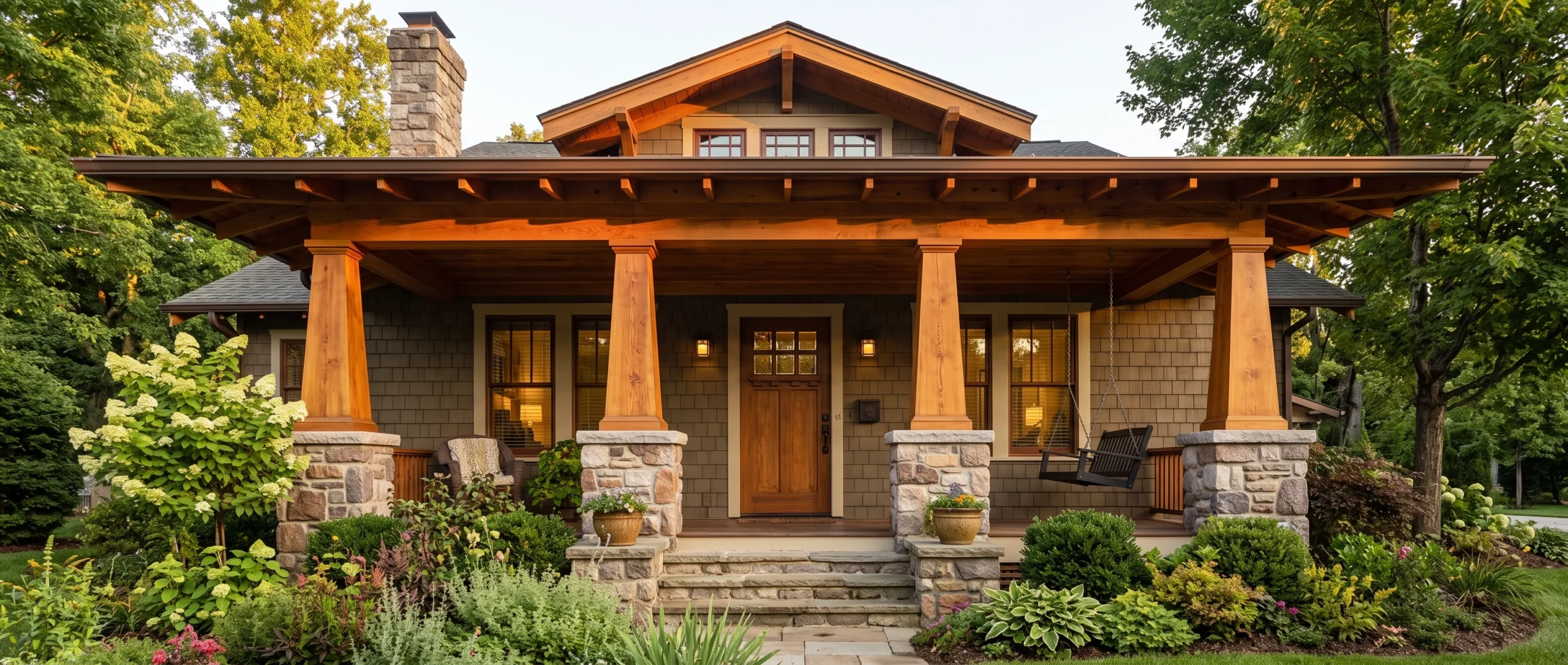 A low-slung Craftsman bungalow with a deep covered front porch, tapered square columns on stone piers, exposed rafter tails under a wide overhanging roof, warm wood tones, soft golden hour light, straight-on porch-level shot.