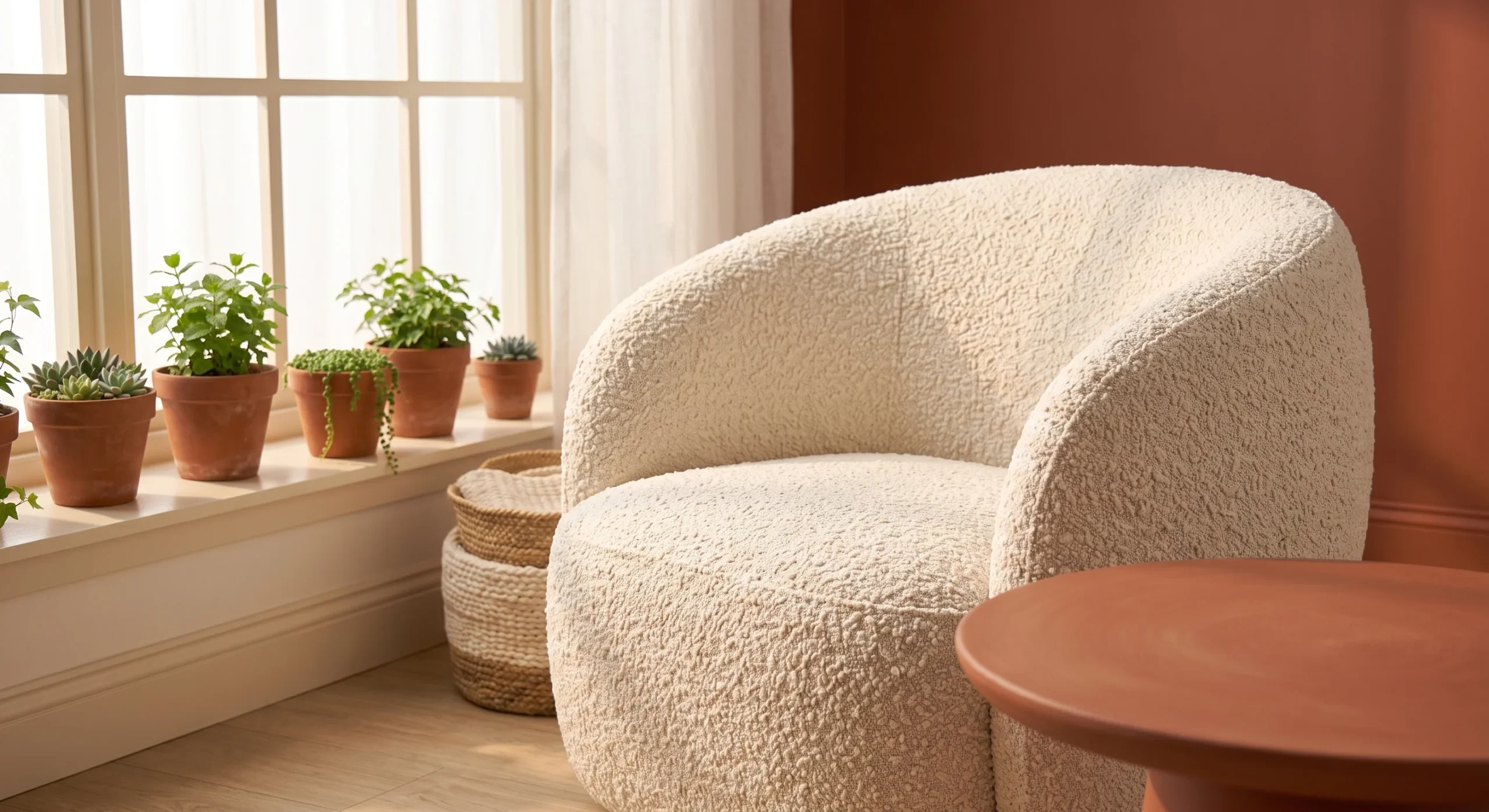 A rounded cream bouclé accent chair positioned near a window, soft natural light emphasizing the fabric's looped texture, close angled shot showing the chair against a terracotta-toned wall.