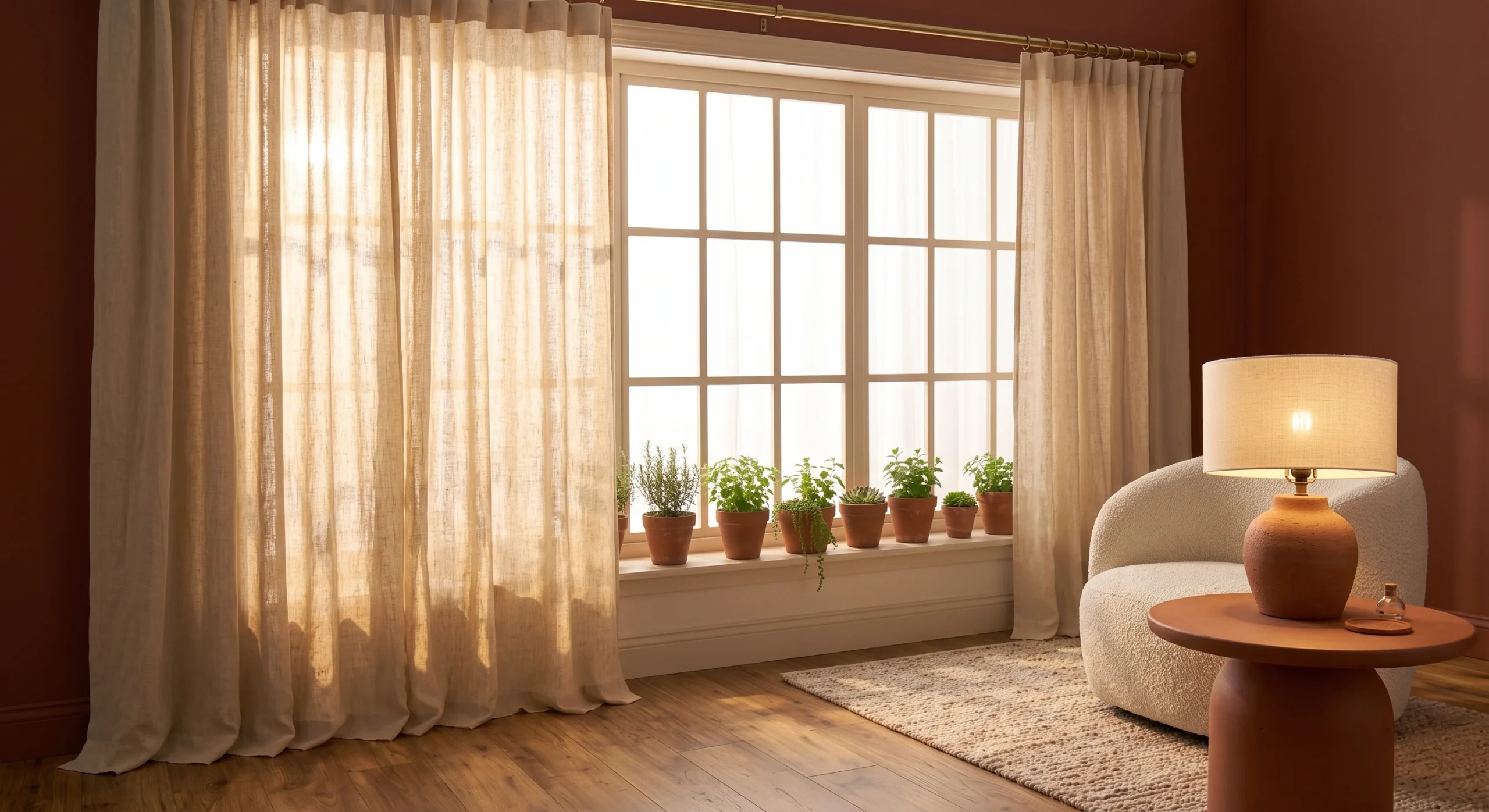 Floor-length cream linen curtain panels beside a sunlit window, soft natural light filtering through the fabric, wide shot emphasizing the panels' warm, soft neutral tone.