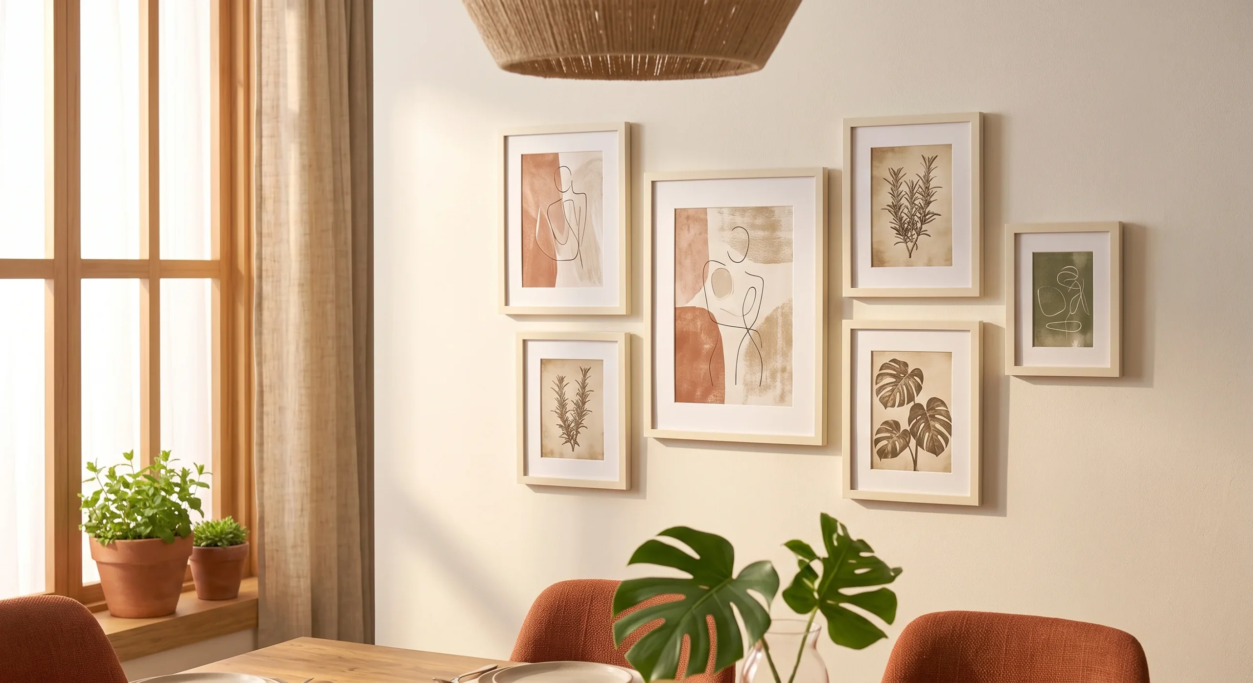 Simple cream-toned picture frames arranged in a small gallery grouping on a plain wall, warm natural light, close shot emphasizing the frames' soft, cohesive tone against the wall.
