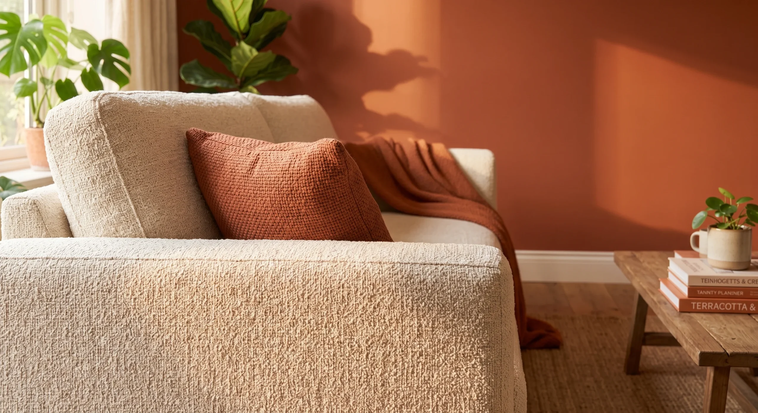 A cream linen sofa positioned in a sunlit room, soft natural texture visible in the fabric weave, close angled shot emphasizing the sofa's warm neutral tone against a terracotta throw pillow.