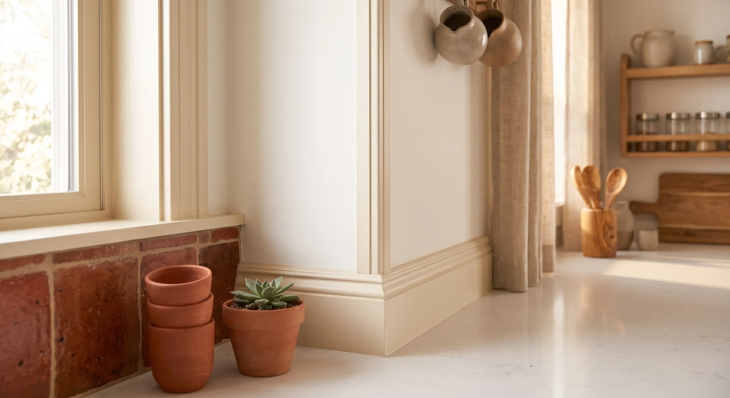 Cream-painted window trim and baseboards against a soft white wall, warm natural light emphasizing the subtle tonal contrast, close angled shot showing the trim's clean, defined edge.