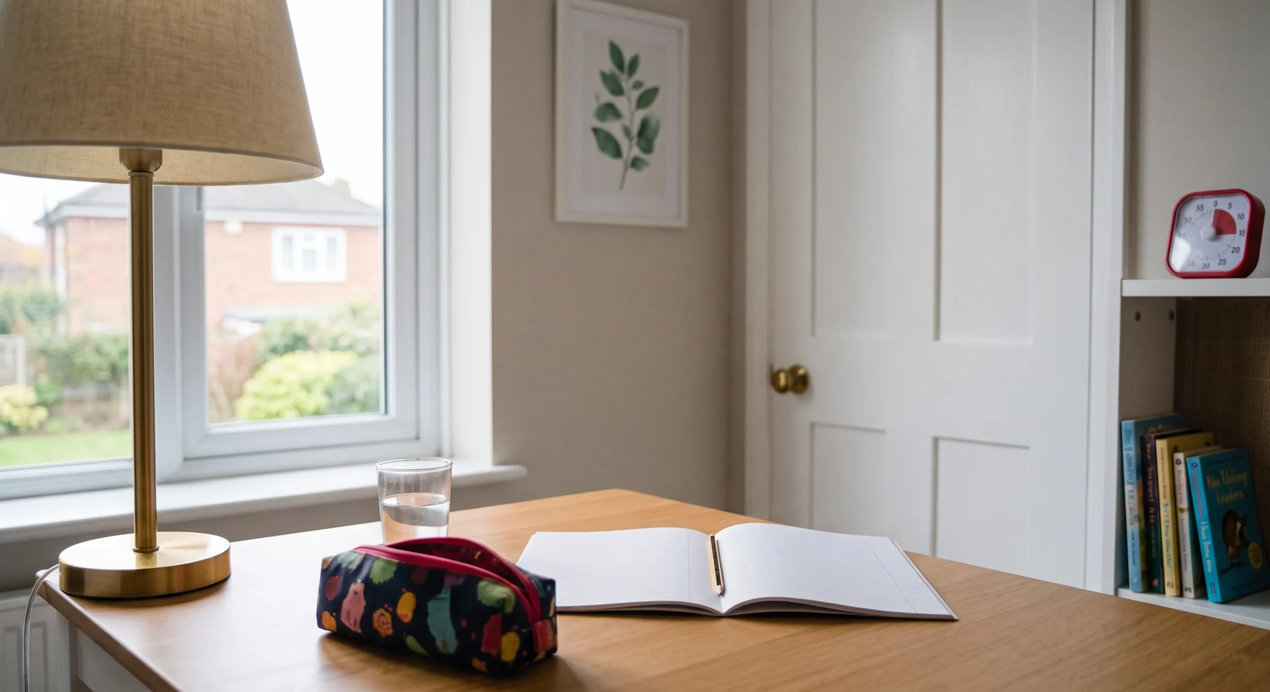A tidy desk corner with a closed door in the background, a single pencil cup and an open notebook, no phone or tablet visible, soft daylight from a nearby window, straight-on shot emphasizing the clear, uncluttered surface.