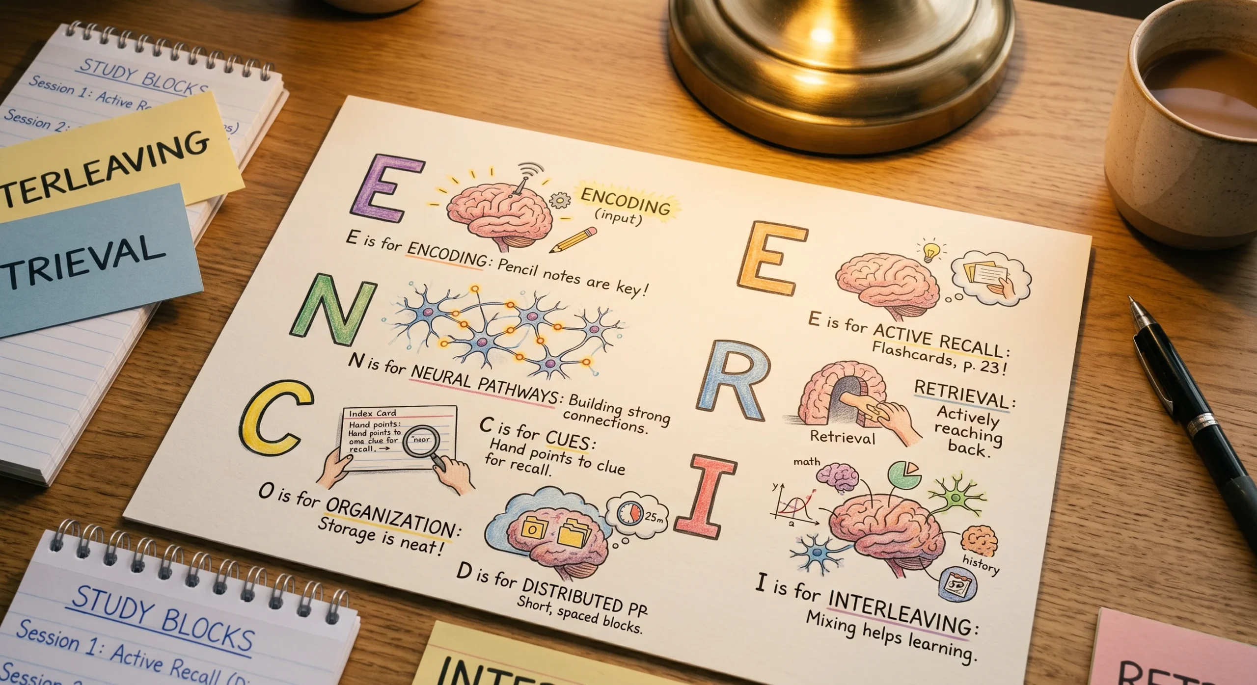 A hand-drawn acronym chart with colorful illustrations beside each letter representing a memorized sequence, warm desk light, close overhead shot emphasizing the playful visual mnemonic device.