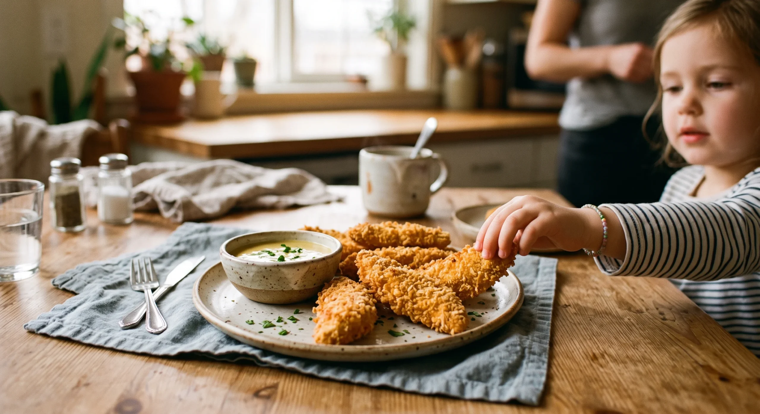 Golden panko-crusted chicken tenders arranged on a plate with a small bowl of dipping sauce, warm casual kitchen light, a child's hand reaching for one at the edge of frame, homey composition.