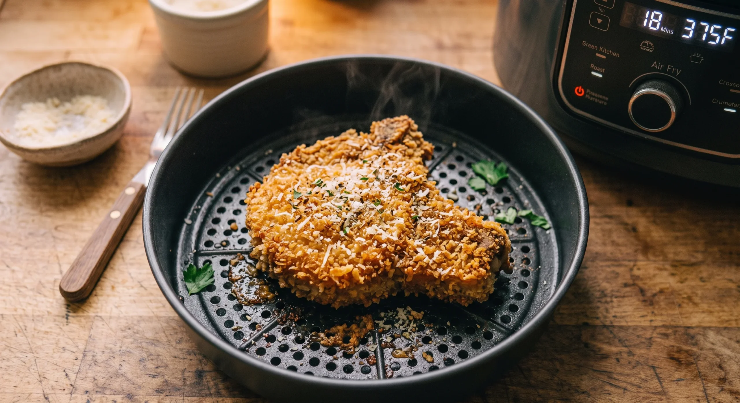 A breaded pork chop with a golden crispy coating resting in an air fryer basket, a light dusting of parmesan visible on the crust, warm side lighting, close texture-focused composition.