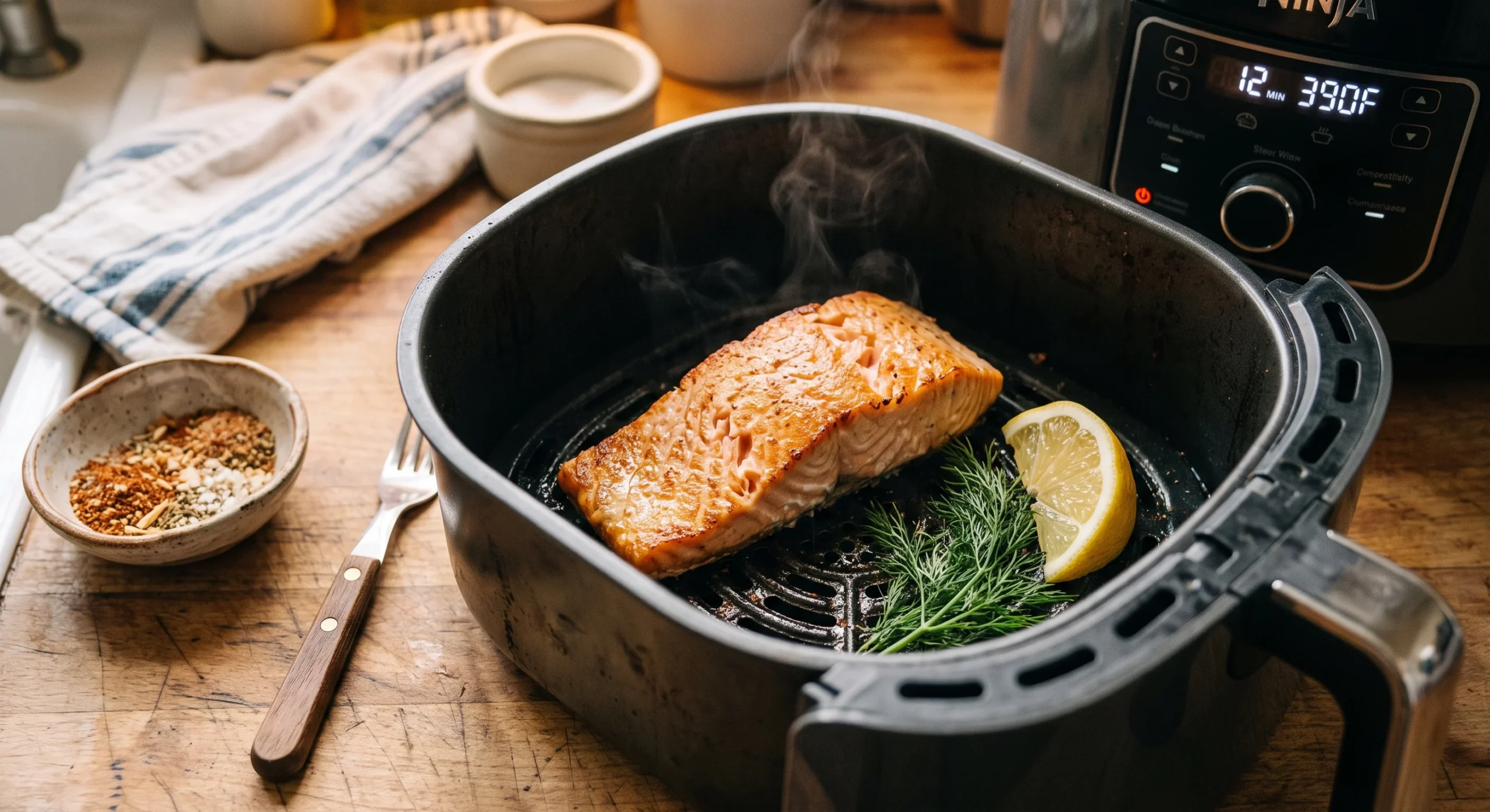 A single salmon fillet with a lightly crisped top resting in an air fryer basket, a lemon wedge and fresh dill beside it, soft warm light, close overhead angle emphasizing the flaky texture of the fish.