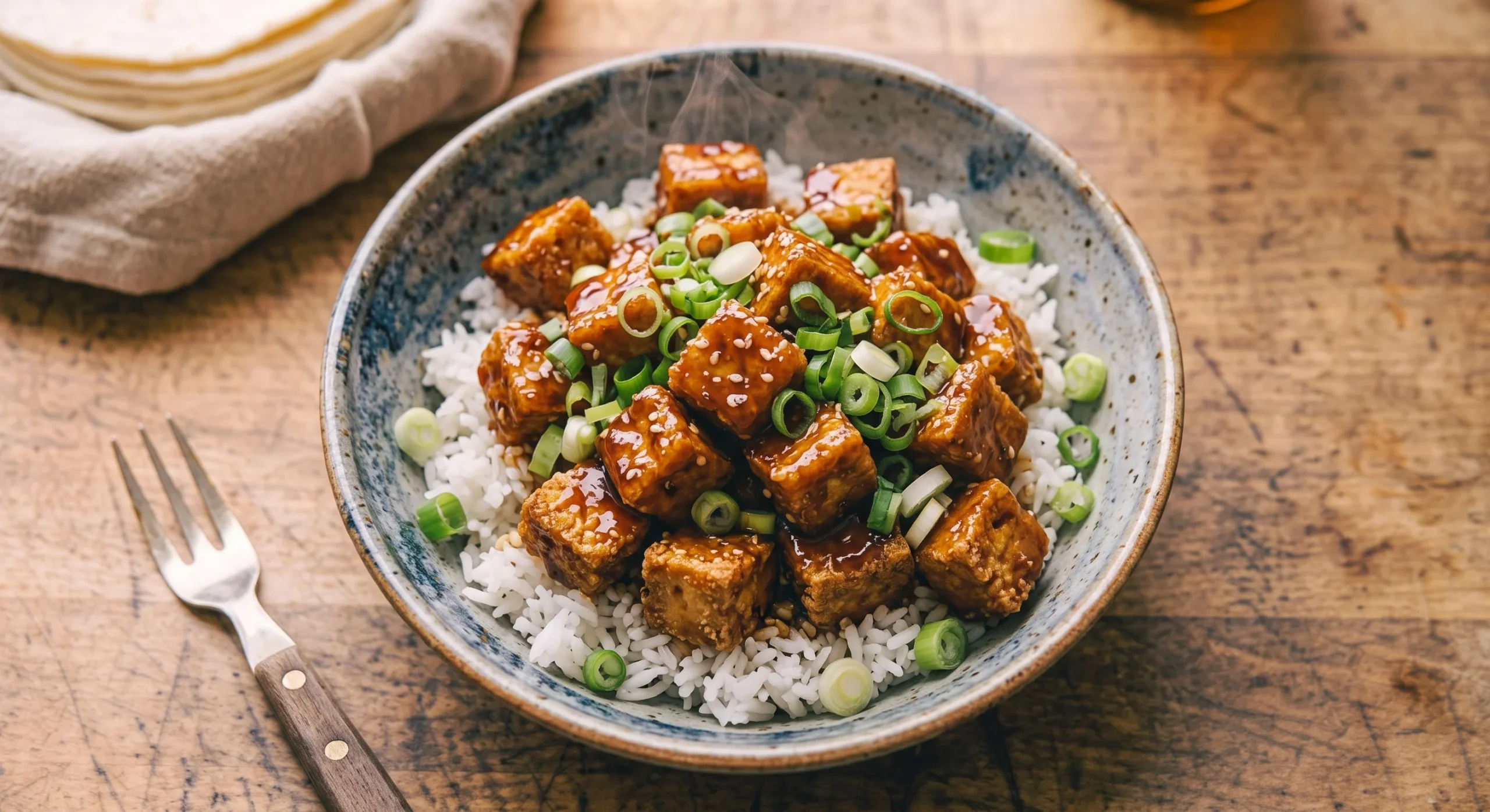 Golden crispy tofu cubes tossed in a glossy stir-fry sauce over rice, fresh scallions scattered on top, warm side lighting, close overhead shot emphasizing crisp edges and steam.