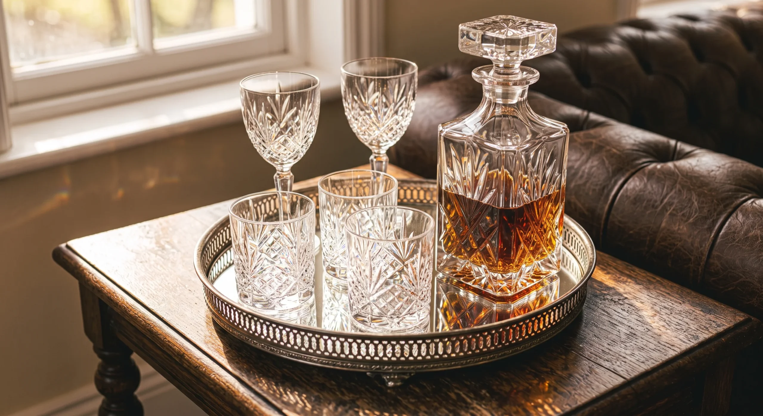A collection of cut crystal glasses and a decanter arranged on a mirrored tray atop a sideboard, warm evening light refracting through the crystal facets, close angled shot emphasizing the sparkle and cut detail.