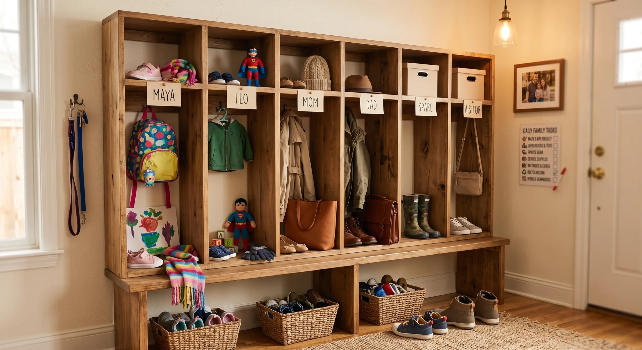 A row of open wooden cubbies each labeled with a family member's name, holding shoes, bags, and jackets, warm entryway light, straight-on shot emphasizing the individual labeled compartments.