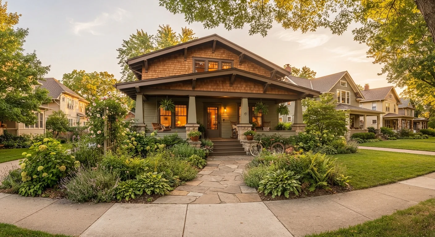 Wide street-level photograph capturing the overall curb appeal character of a Craftsman home, front garden landscaping framing a deep front porch, warm golden hour light, inviting residential streetscape photography composition.