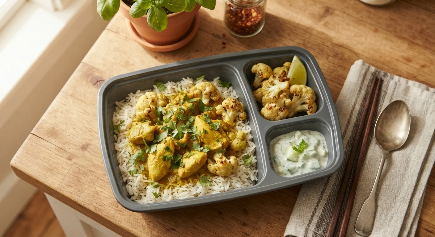 Overhead shot of a curry chicken meal prep bowl with tender chicken in a rich yellow curry sauce, steamed rice, and cauliflower, fresh cilantro garnish, warm natural light, comforting homestyle Indian-inspired food photography.