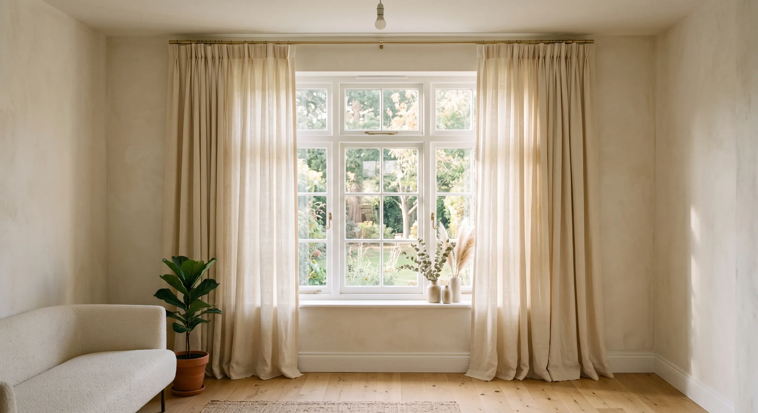 A living room window with cream linen curtains hung close to the ceiling, extending down past the window frame to the floor, warm natural daylight filtering through, minimal furniture visible, soft airy mood, straight-on eye-level camera angle.