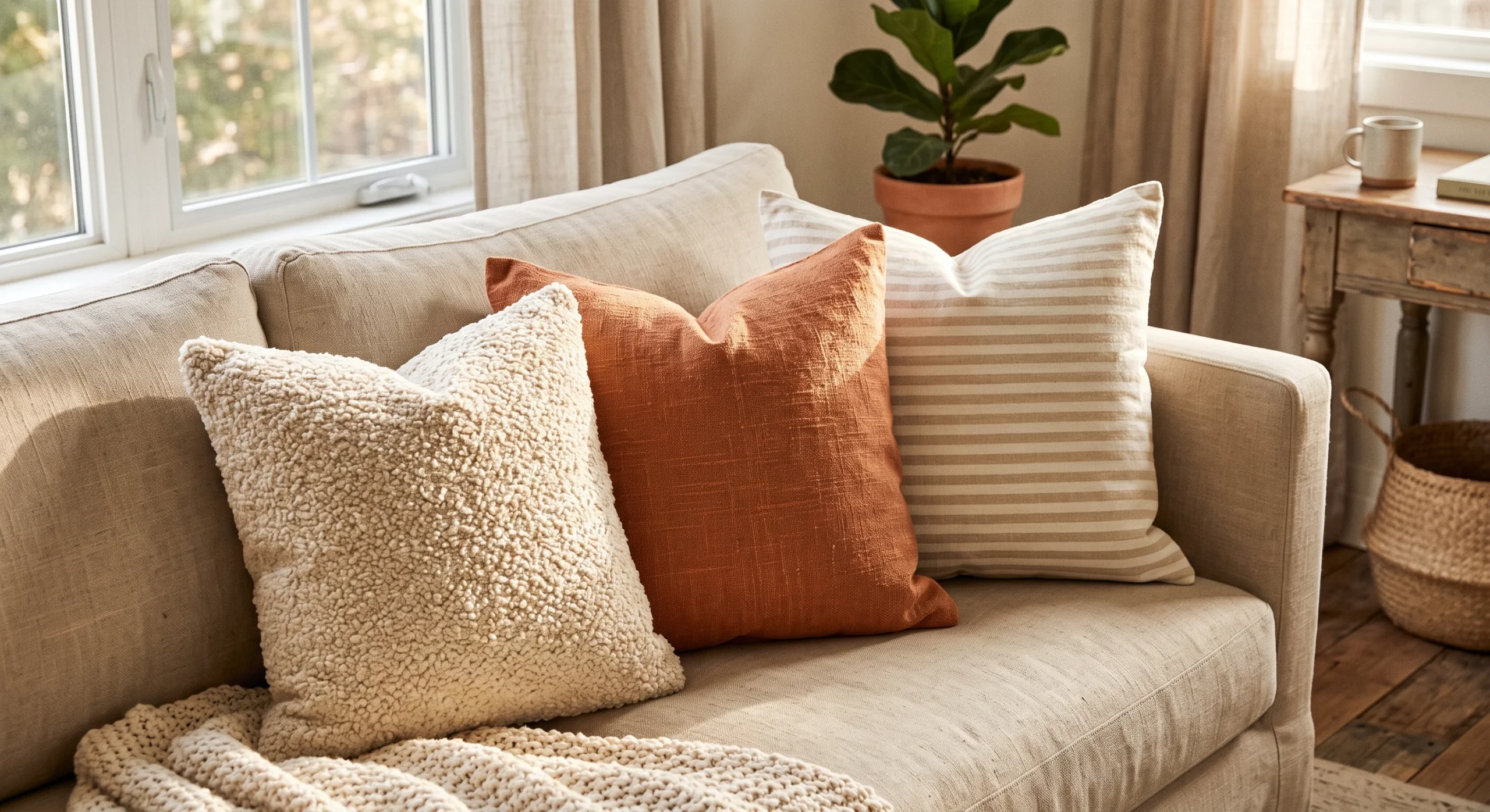 A neutral linen sofa styled with three mismatched cushion covers in terracotta, cream stripe, and bouclé texture, warm soft afternoon light, cozy layered mood, close three-quarter camera angle focused on the cushion arrangement.