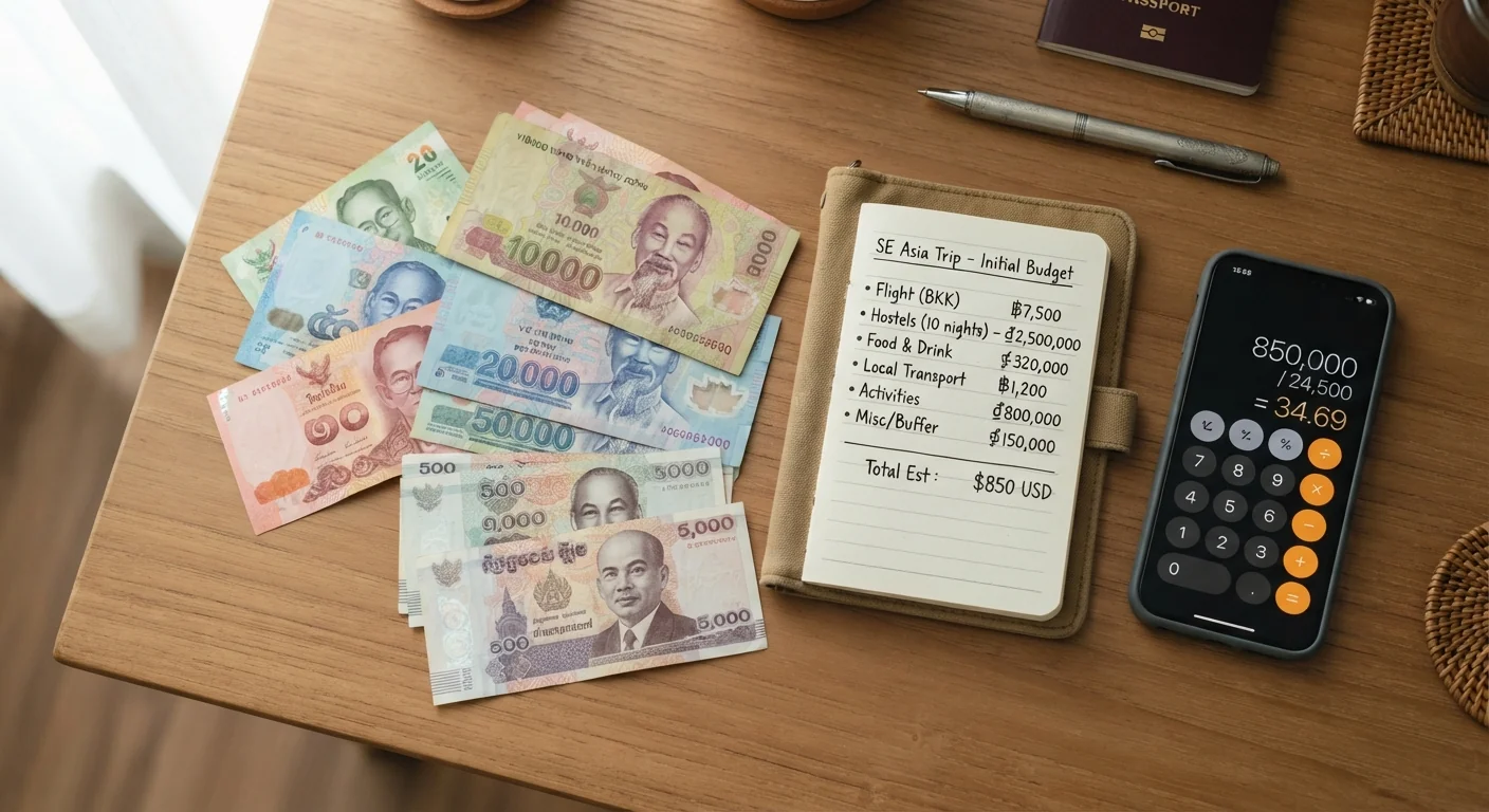 Flat lay of Thai baht, Vietnamese dong, and Cambodian riel notes arranged next to a small travel notebook with a handwritten budget list, a phone calculator app visible, soft natural window light, neutral wooden desk surface, top-down editorial composition.