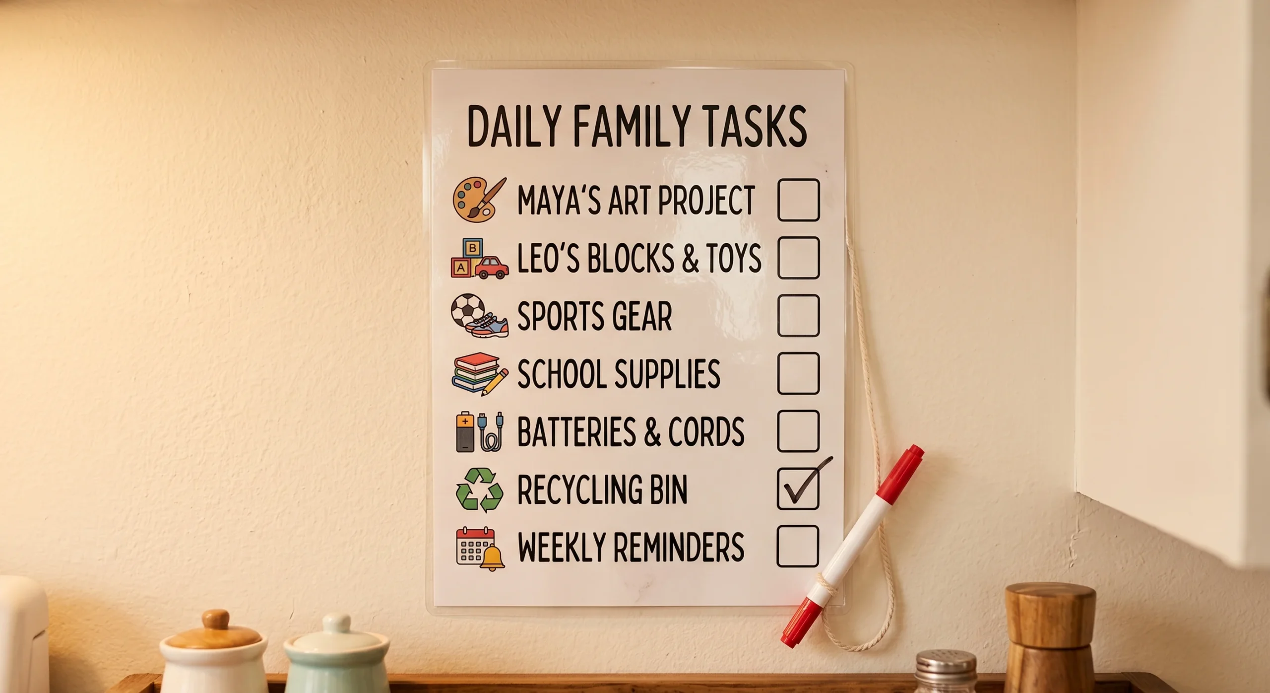 A laminated daily task chart with checkboxes beside simple icons for each task, a dry-erase marker attached by string, warm kitchen wall light, close straight-on shot emphasizing the checklist format.