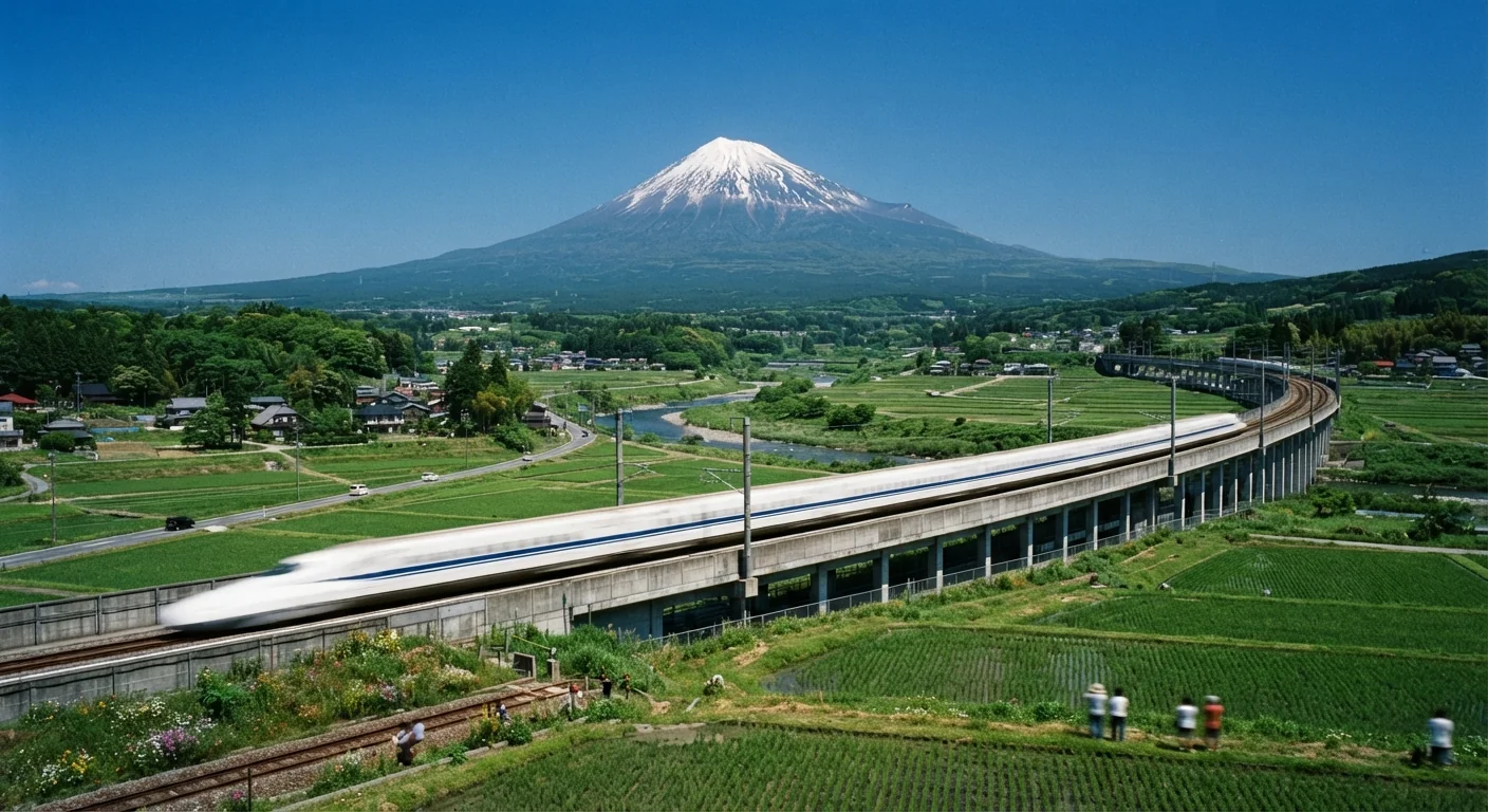 Shinkansen bullet train speeding past Mount Fuji in the background, clear blue sky, train tracks curving through green countryside, motion blur on the train itself, wide landscape composition emphasizing speed and distance.