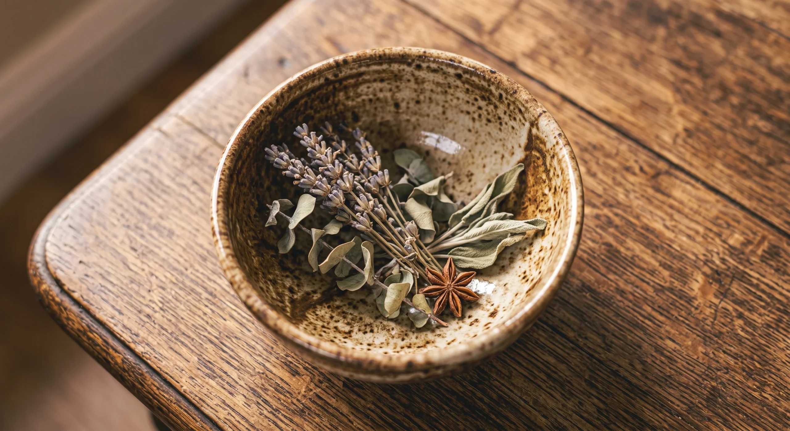 A glazed ceramic bowl holding a small collection of dried botanicals on a coffee table, soft natural light emphasizing the bowl's glaze texture and rounded form, close overhead shot capturing the bowl against a wood surface.
