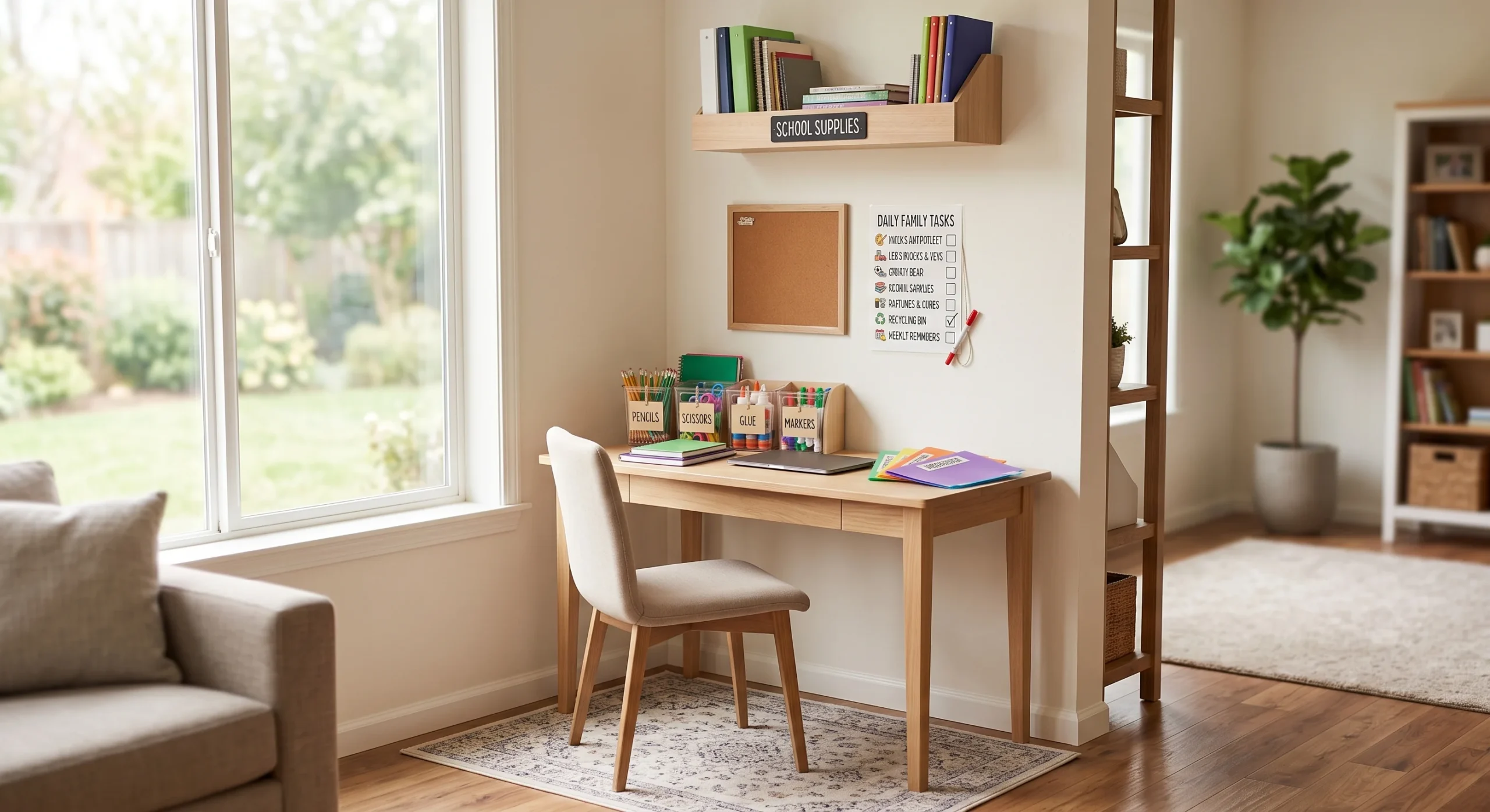 A quiet corner of a living room set up as a dedicated homework zone with a small desk, a caddy of supplies, and a labeled shelf, soft natural light, wide shot emphasizing the defined boundary of the zone.