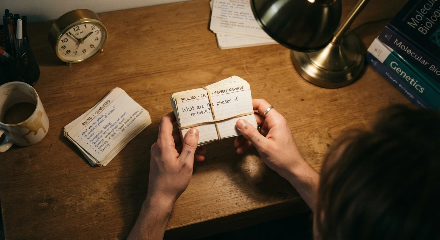 A student reviewing the same flashcard deck for a second time in one evening, a small clock nearby showing the late hour, warm lamp light, close overhead shot emphasizing the repeated review session.