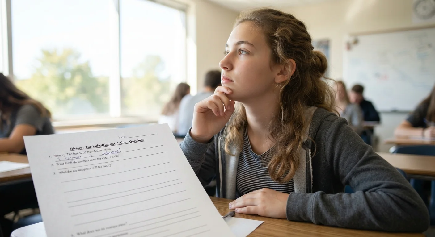 A student's gaze drifting toward a classroom window mid-lesson, worksheet only partially filled in on the desk below, bright natural daylight, three-quarter angle shot emphasizing the drifting gaze against the unfinished page.