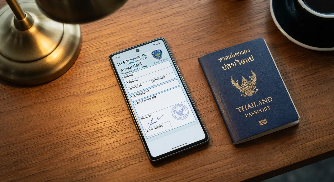 Overhead shot of a smartphone displaying an official government arrival card form, a passport resting beside it on a wooden table, soft desk lamp lighting, neutral editorial composition emphasizing the official document design.