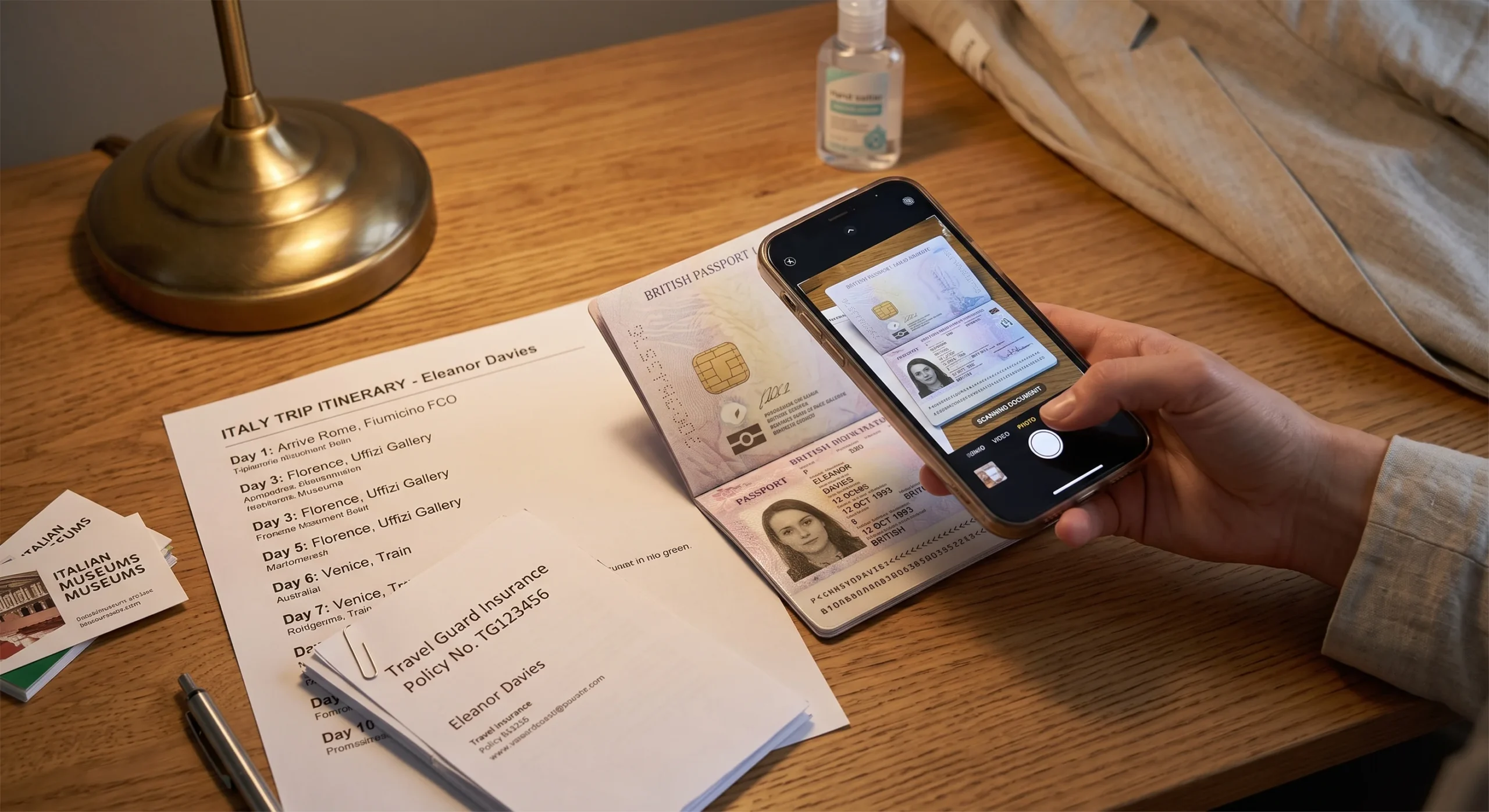 A smartphone photographing an open passport on a wooden desk beside a printed itinerary and travel insurance papers, soft desk lamp light, organized pre-trip preparation still life composition.