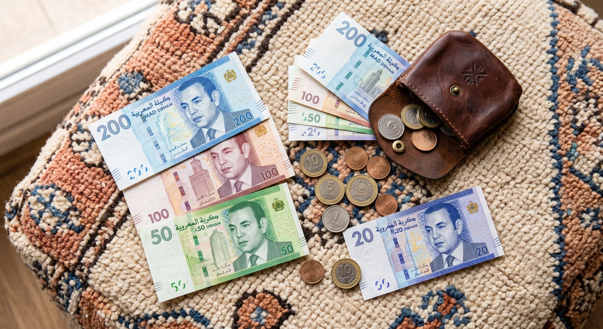 Flat lay of Moroccan dirham banknotes and coins arranged on a woven textile surface, soft natural light, a small leather coin purse nearby, warm neutral tones, top-down editorial currency composition.