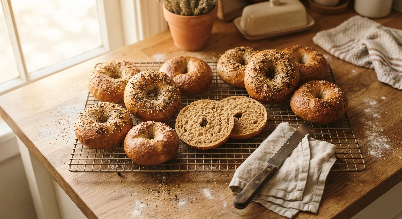 Overhead shot of golden brown sourdough discard bagels cooling on a wire rack, everything seasoning visible on some, a bagel sliced open showing a chewy interior, warm natural kitchen light, homestyle bakery photography.