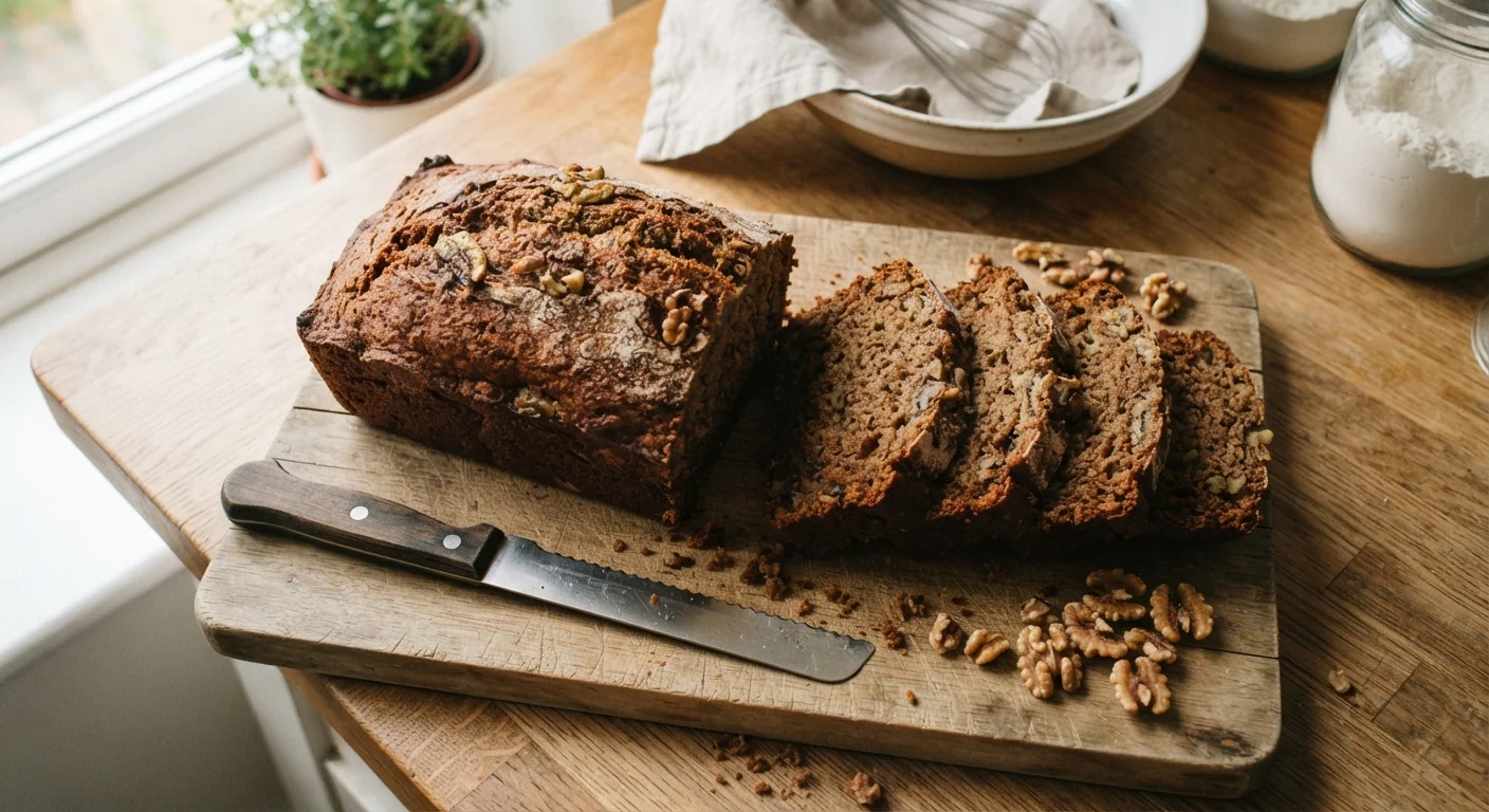 Overhead shot of a sliced loaf of sourdough discard banana bread on a wooden board, moist crumb visible, a few walnut pieces scattered nearby, warm natural kitchen light, cozy homestyle baking photography.