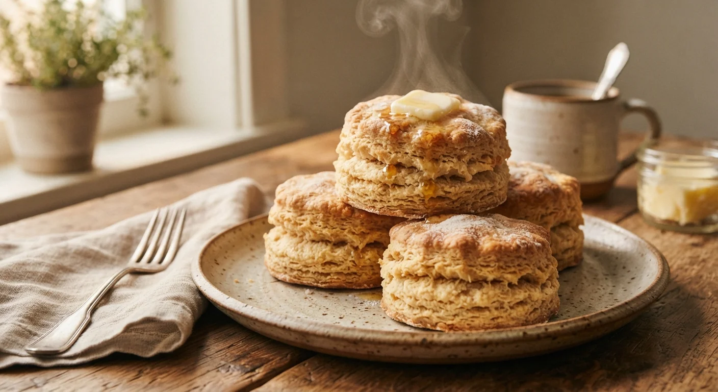Close-up shot of flaky sourdough discard biscuits stacked on a rustic plate, steam rising slightly, a pat of butter melting on top, warm morning light, cozy homestyle breakfast photography composition.