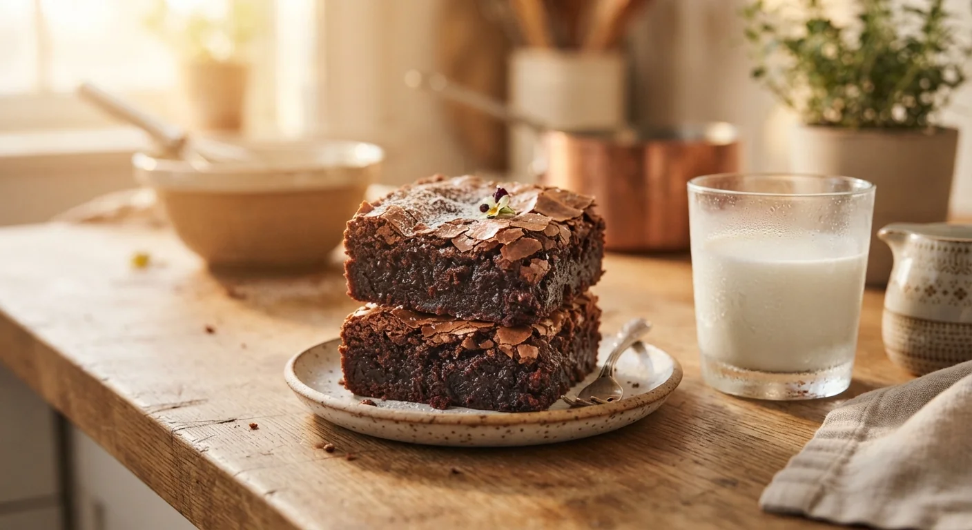 Close-up shot of a fudgy sourdough discard brownie square with a crackly top, stacked on a small plate, a glass of milk nearby, warm kitchen lighting, indulgent homestyle dessert photography composition.