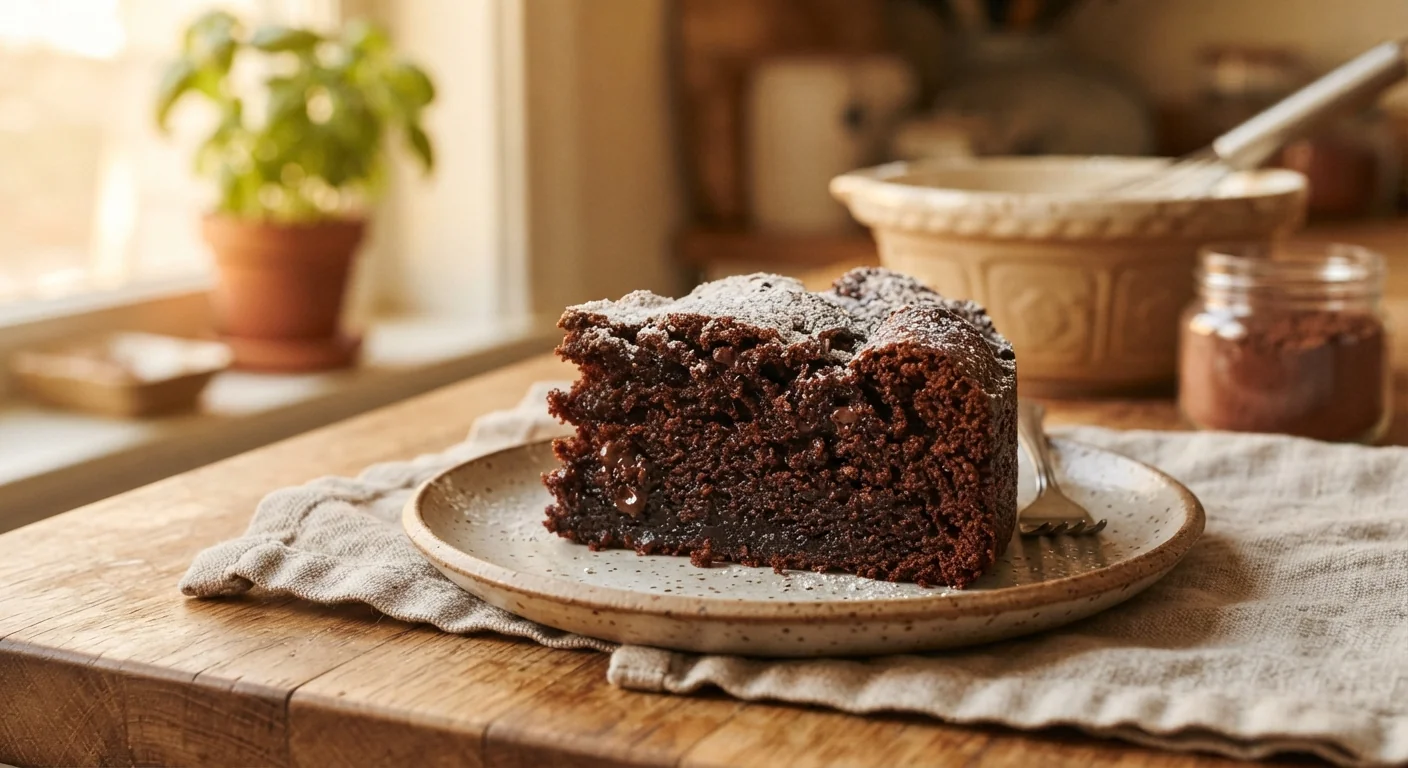 Close-up shot of a slice of rich chocolate cake made with sourdough discard, moist crumb visible, a light dusting of powdered sugar on top, warm kitchen light, indulgent homestyle dessert photography.