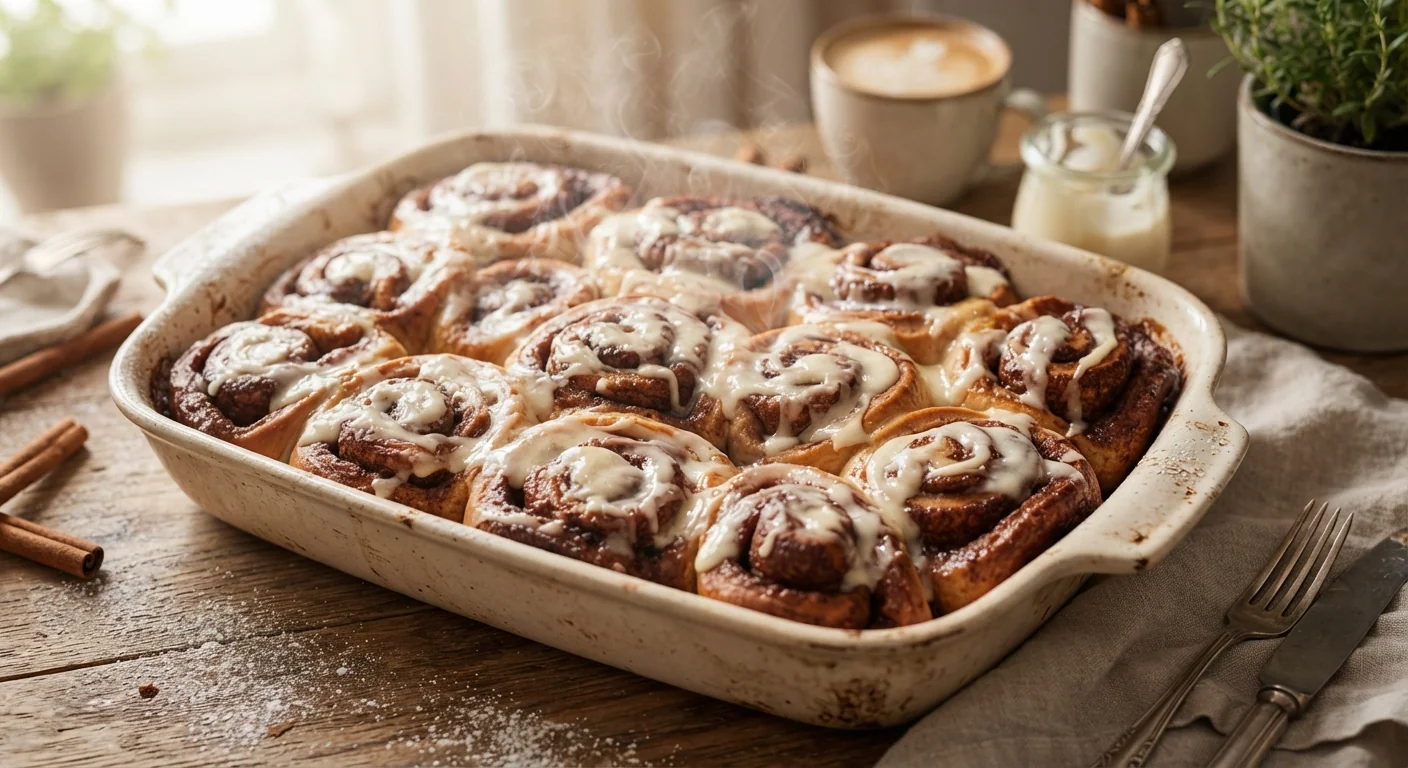 Close-up overhead shot of gooey sourdough discard cinnamon rolls in a baking pan, cream cheese icing drizzled generously on top, steam still rising, warm cozy morning kitchen light, indulgent breakfast photography.