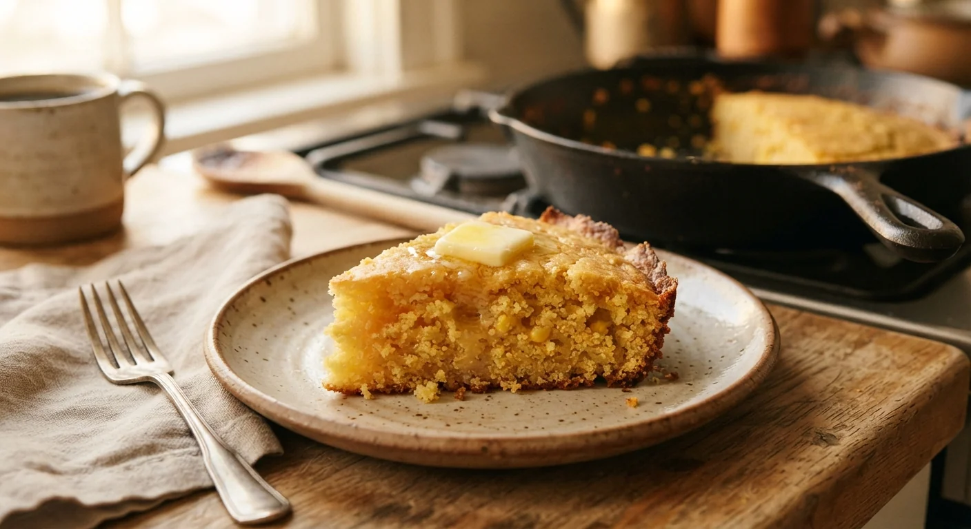 Close-up shot of a golden slice of sourdough discard cornbread on a rustic plate, a pat of butter melting into the warm crumb, cast iron skillet visible in the background, warm kitchen light, homestyle comfort food photography.