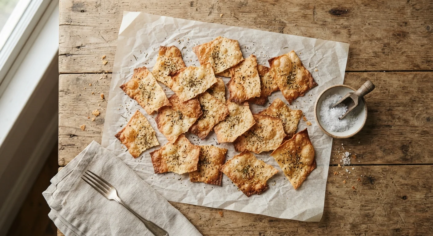 Overhead flat lay of thin, golden sourdough discard crackers scattered on parchment paper, a small dish of flaky sea salt nearby, rustic wooden table surface, natural daylight, simple homemade snack photography composition.