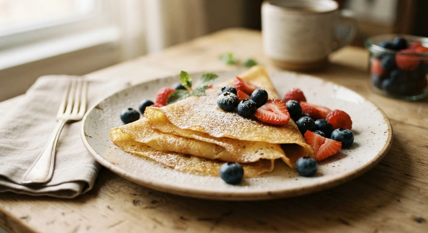 Close-up shot of a thin, golden sourdough discard crepe folded on a plate, fresh berries and a dusting of powdered sugar on top, warm natural light, delicate homestyle breakfast photography composition.