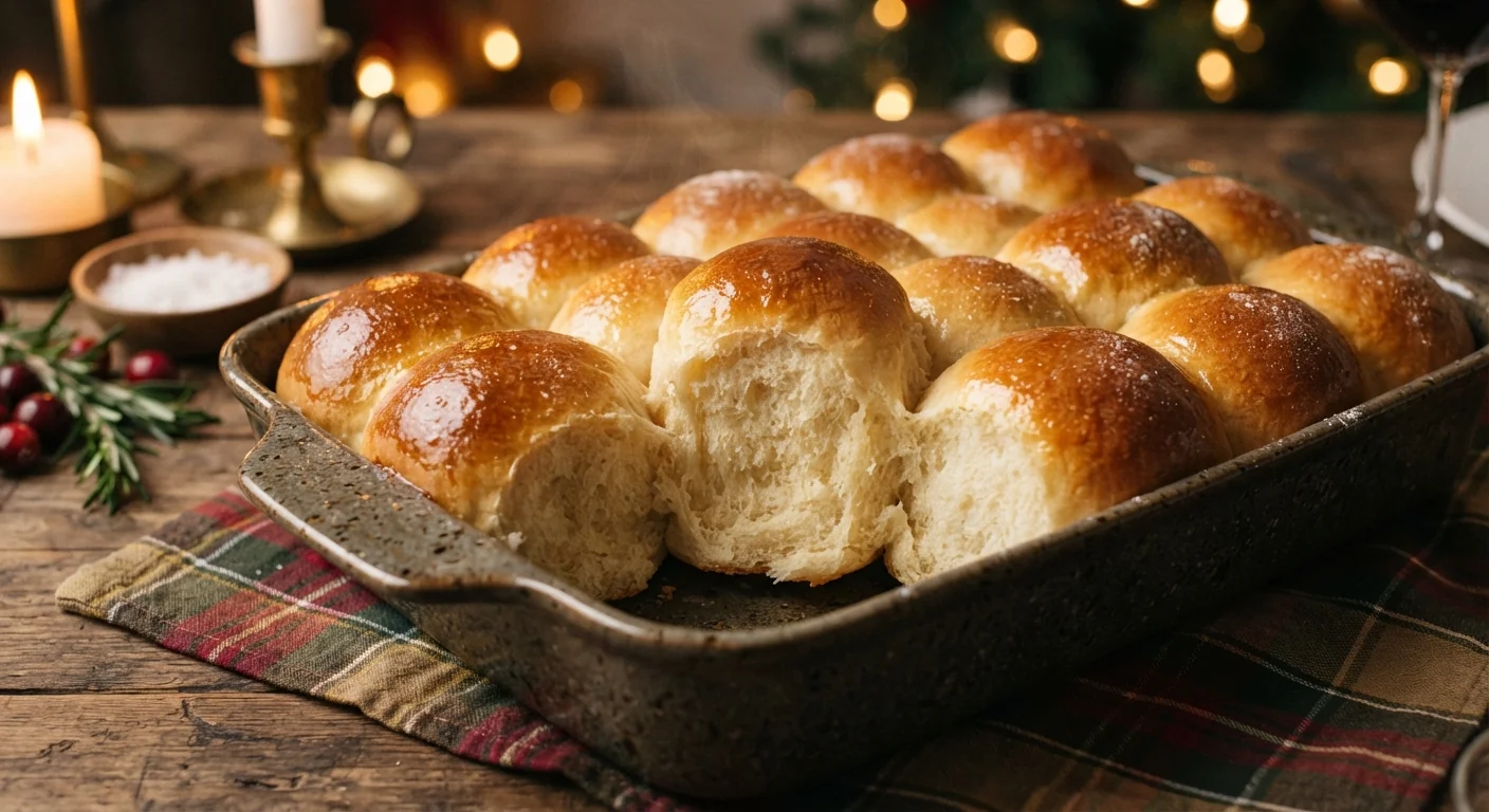 Close-up shot of a pan of golden, pull-apart sourdough discard dinner rolls, glossy egg wash on top, one roll pulled slightly away from the others showing a soft interior, warm holiday table lighting.