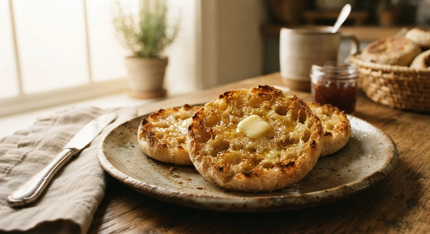 Close-up shot of a split sourdough discard English muffin showing its characteristic nooks and crannies, toasted and buttered, on a rustic plate, warm morning kitchen light, cozy breakfast photography composition.