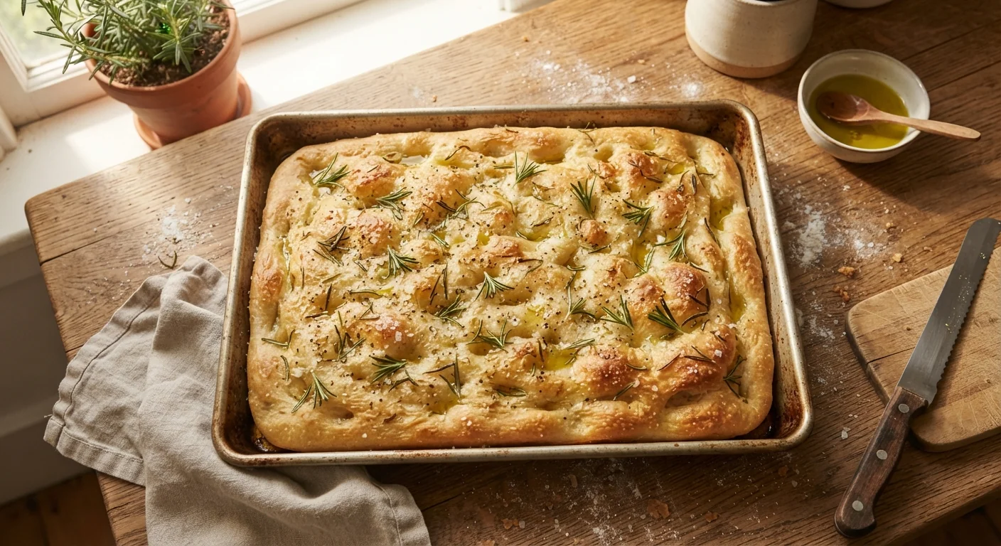 Wide overhead shot of a golden sourdough discard focaccia in a baking pan, dimpled surface glistening with olive oil, rosemary sprigs and flaky salt scattered on top, warm natural light, rustic bread photography composition.