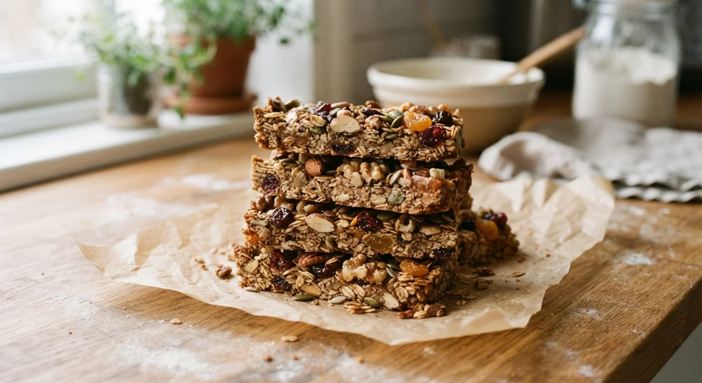 Close-up shot of homemade sourdough discard granola bars stacked on parchment paper, visible oats, nuts, and dried fruit throughout, natural kitchen light, wholesome homestyle snack photography composition.