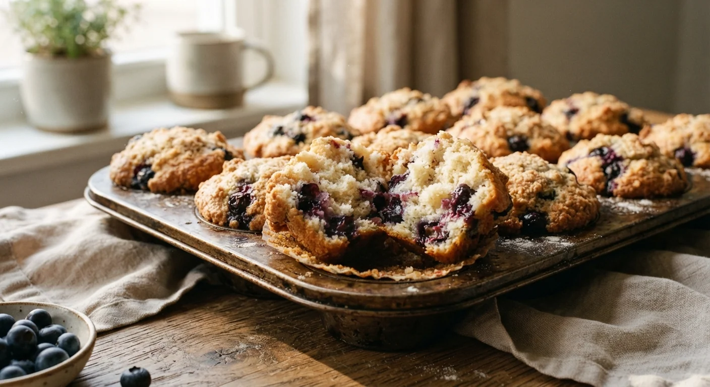 Close-up shot of golden-brown sourdough discard muffins in a rustic muffin tin, one broken open to show a soft interior, blueberries visible throughout, warm natural window light, homestyle breakfast baking photography.