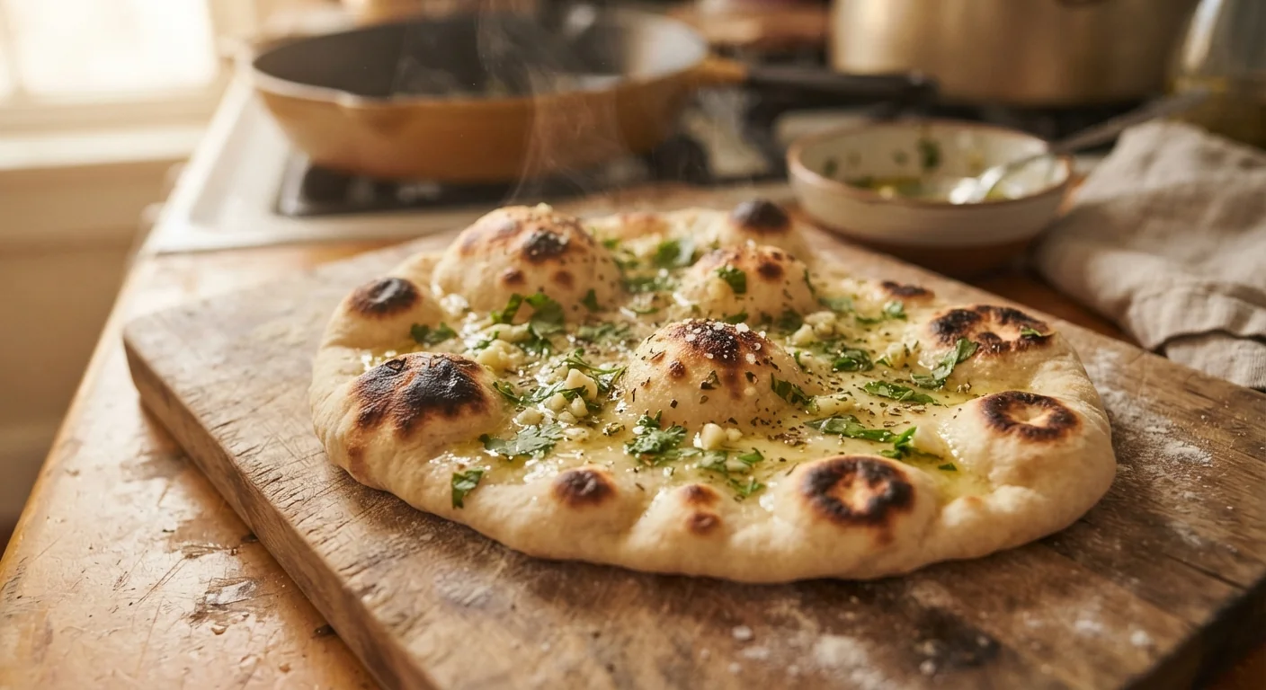 Close-up shot of a fluffy, blistered sourdough discard naan bread fresh off a hot skillet, brushed with melted butter, garlic and herbs visible, warm kitchen lighting, homestyle flatbread photography composition.