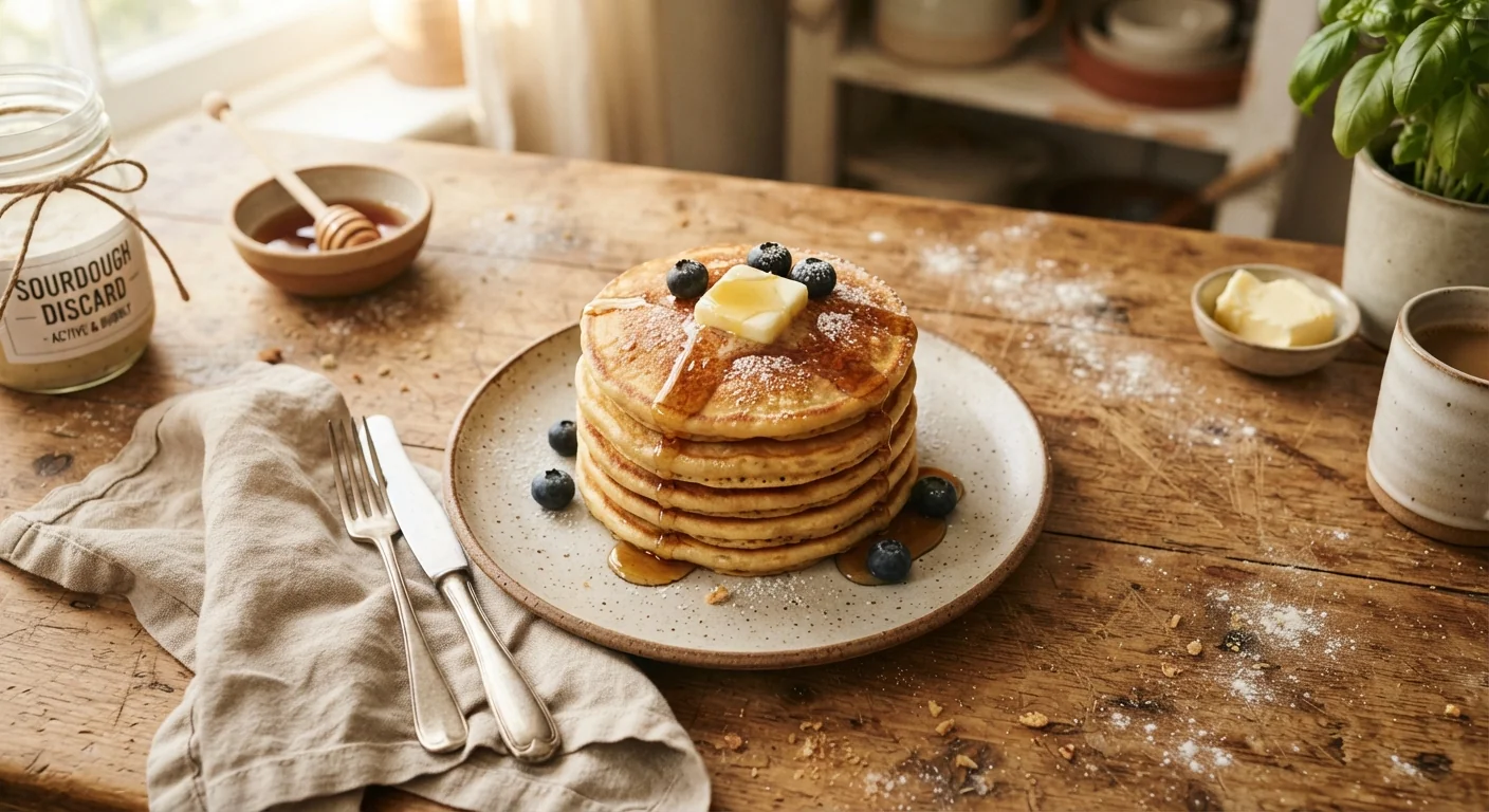 Overhead shot of a stack of golden sourdough discard pancakes on a rustic plate, a pat of butter melting on top, maple syrup drizzling down the sides, warm morning kitchen light, homestyle breakfast photography with a lived-in feel.